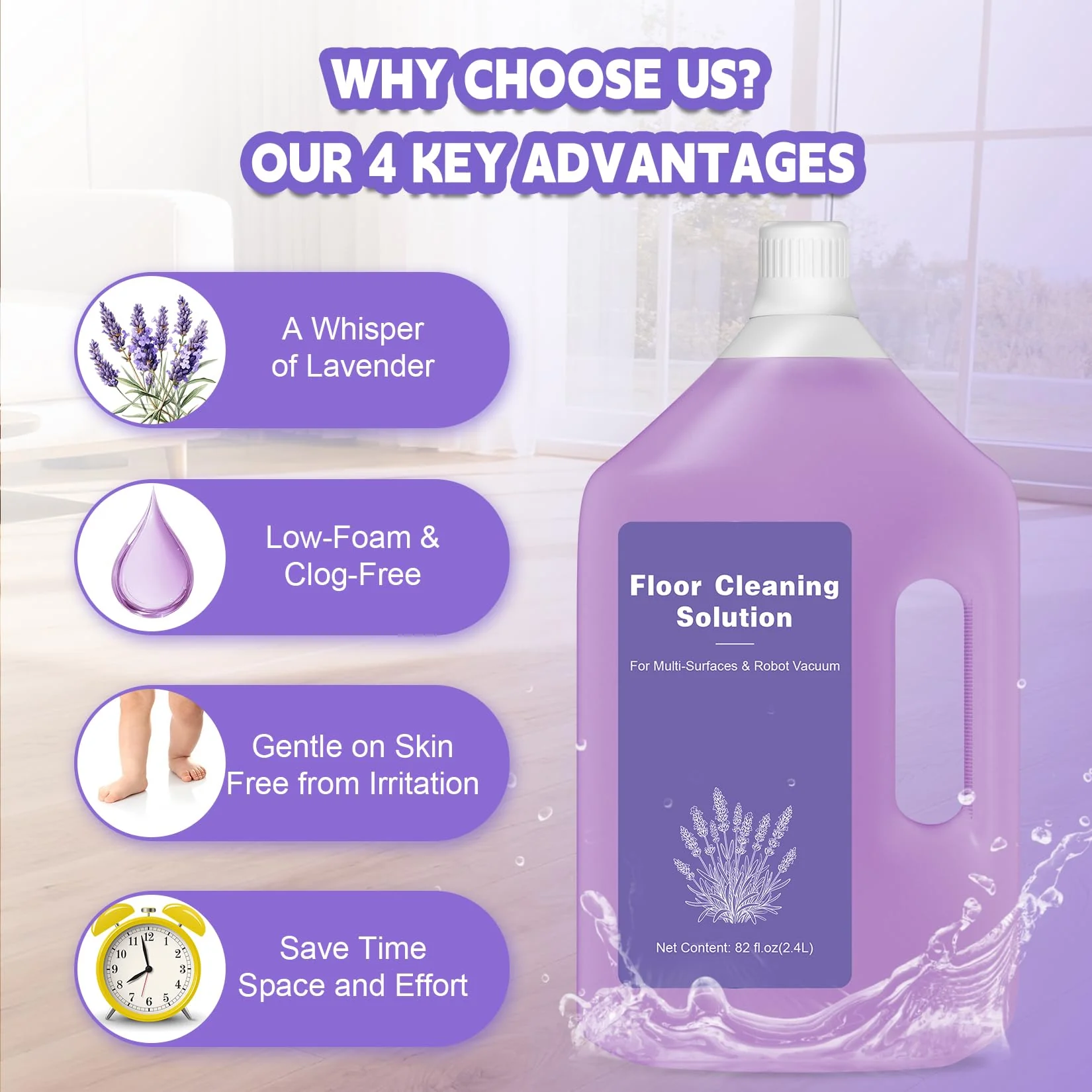 82 FL OZ/2.4 L Lavender Scented Floor Cleaning Solution Compatible with Dreame Cleaning Solution, Low Foam & No Residue, Floor Cleaner for All Robot Vacuum and Wireless Wet Dry Vacuum Cleaners - Image 6