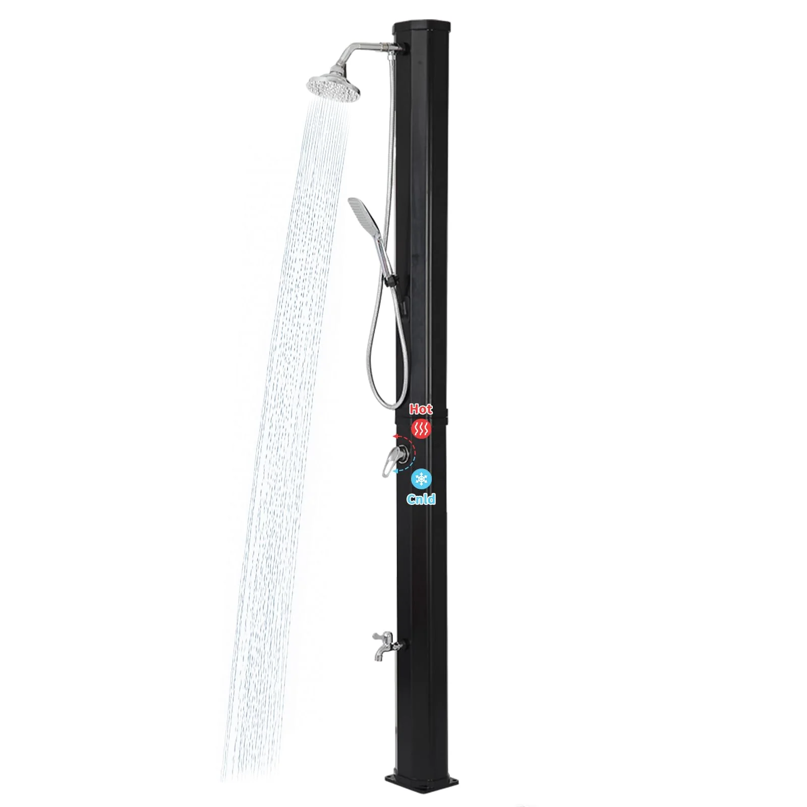 9.3 Gallon Solar Heated Outdoor Shower, 7.2FT Height, 360°Rotating Rainfall + 6FT Handheld Shower + Foot Faucet, Freestanding Black Poolside Shower with Hot & Cold Water Adjustment