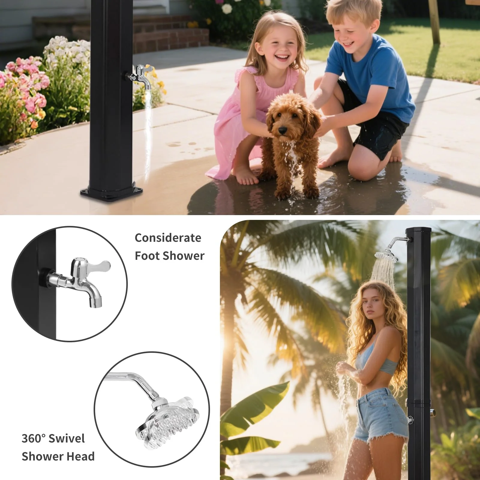 9.3 Gallon Solar Heated Outdoor Shower, 7.2FT Height, 360°Rotating Rainfall + 6FT Handheld Shower + Foot Faucet, Freestanding Black Poolside Shower with Hot & Cold Water Adjustment - Image 3