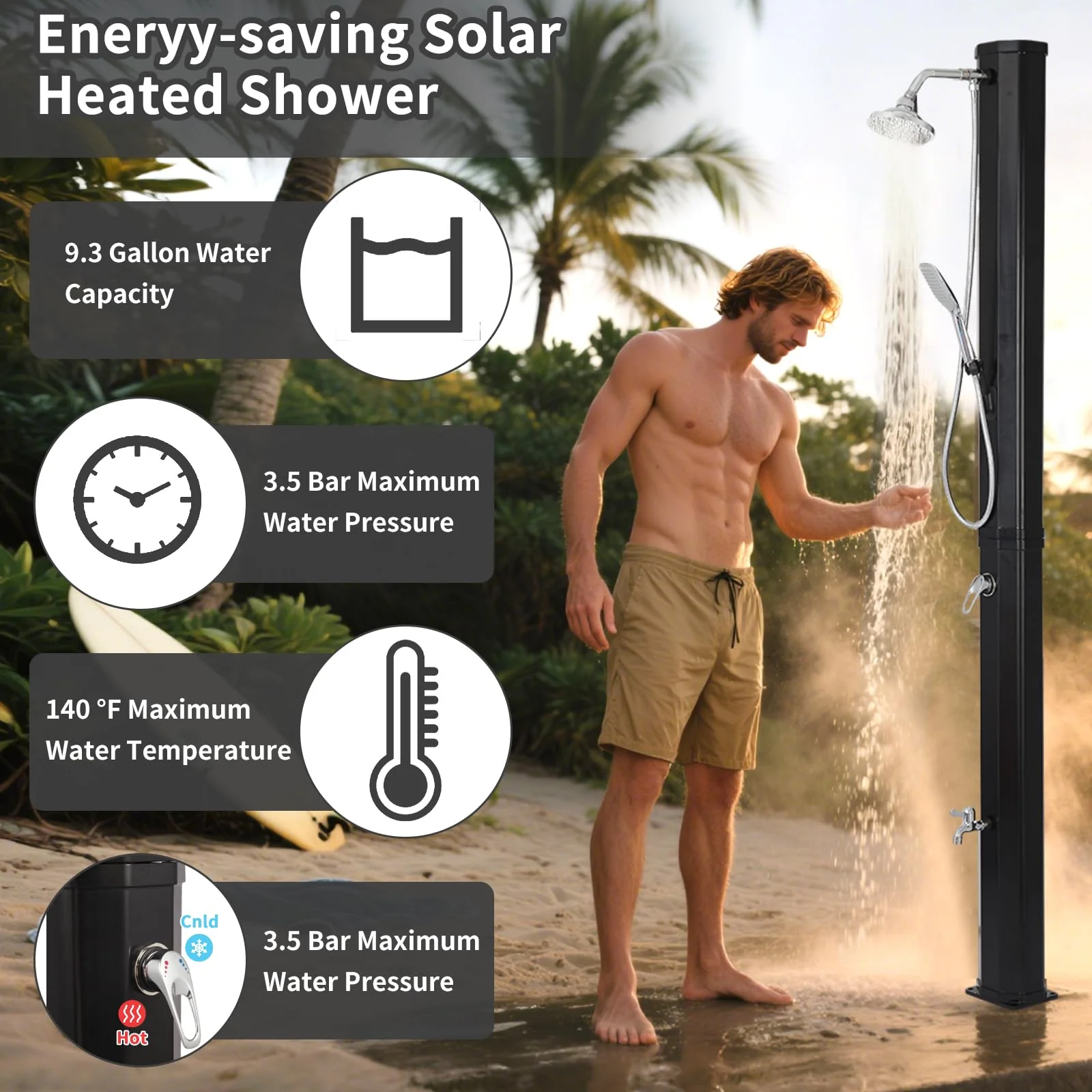 9.3 Gallon Solar Heated Outdoor Shower, 7.2FT Height, 360°Rotating Rainfall + 6FT Handheld Shower + Foot Faucet, Freestanding Black Poolside Shower with Hot & Cold Water Adjustment - Image 4