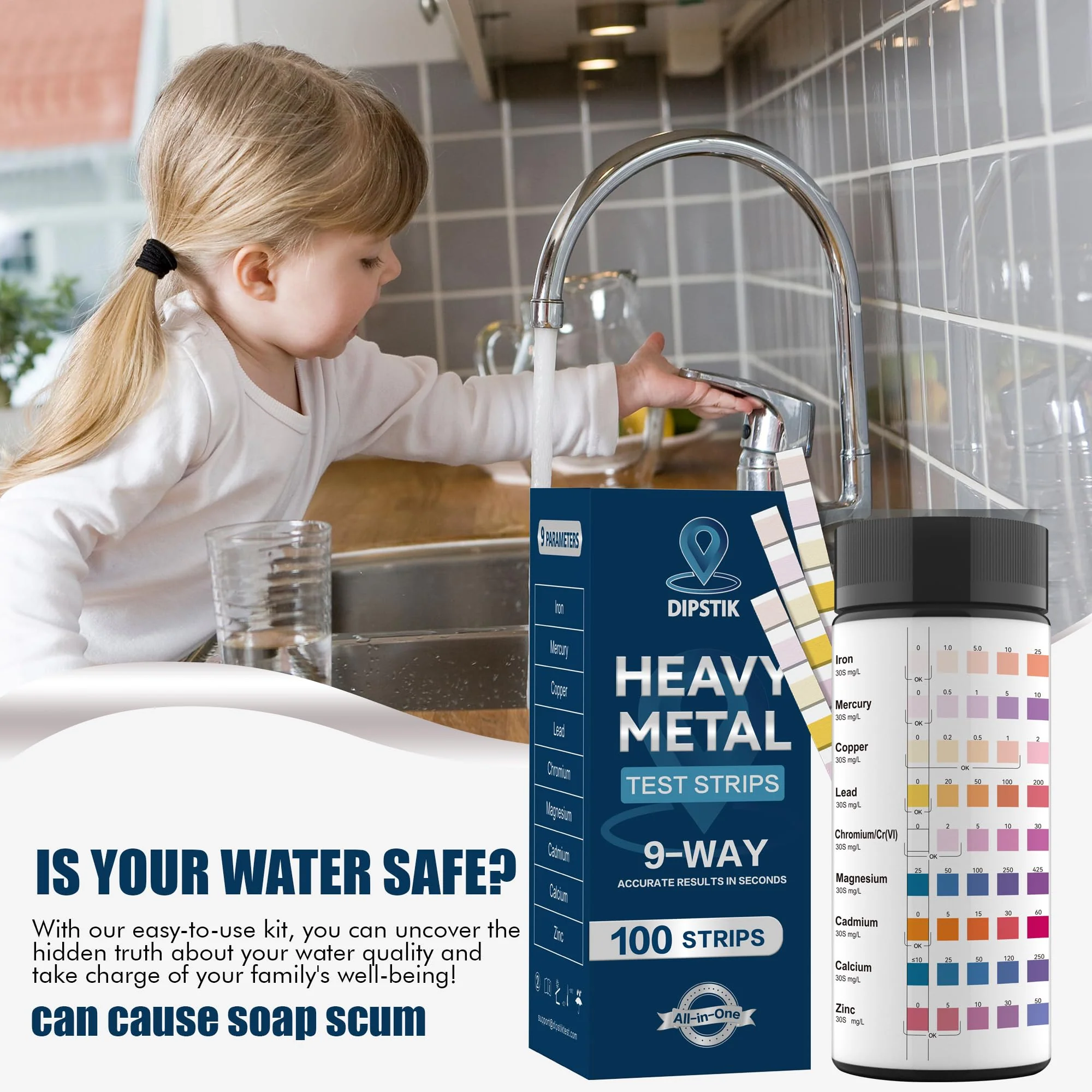 9 Way Heavy Metals Water Test Strips, 100ct Home Water Testing Kit for Iron, Mercury, Copper, Lead, Chromium, Magnesium, Cadmium, Calcium,Zinc - Image 2