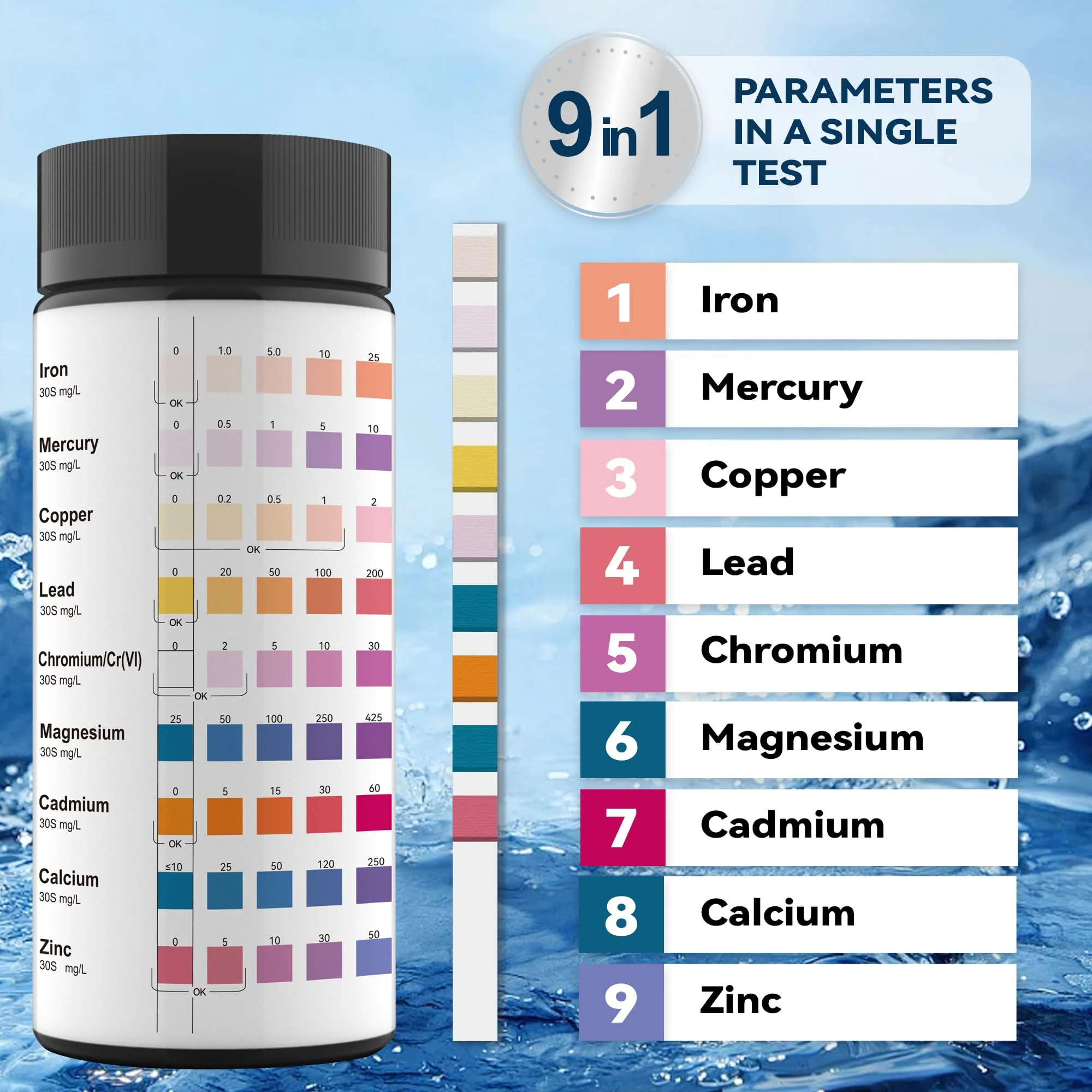 9 Way Heavy Metals Water Test Strips, 100ct Home Water Testing Kit for Iron, Mercury, Copper, Lead, Chromium, Magnesium, Cadmium, Calcium,Zinc - Image 6