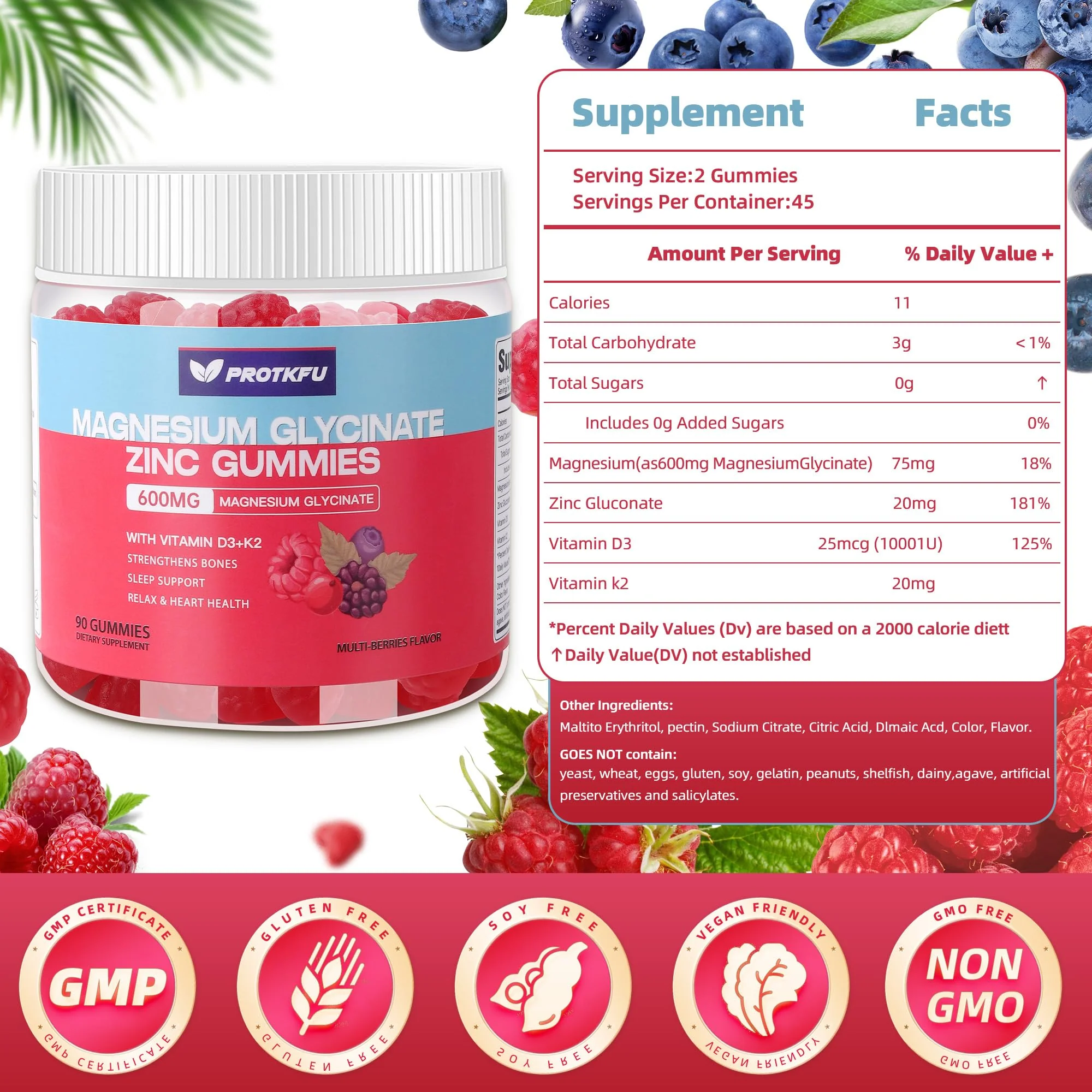 90 CT Magnesium Glycinate Gummies 600mg, Sugar Free Magnesium Gummies w/Zinc & Vitamin D3 - Magnesium Supplements for Sleep, Supports Bone Health, Nerve & Immune Function - Image 6