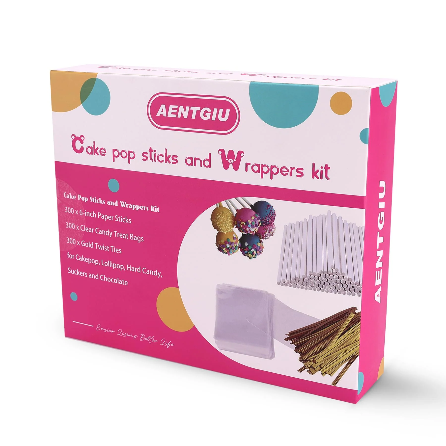 900-PCS Cake Pop Sticks and Wrappers Kit, Including 300pcs 6-inch Paper Lollipop Sticks, 300pcs Parcel Bags, 300pcs Gold Twist Ties for Lollipop, Hard Candy, Chocolate, Marshmallows, and Fruit Skewers - Image 2