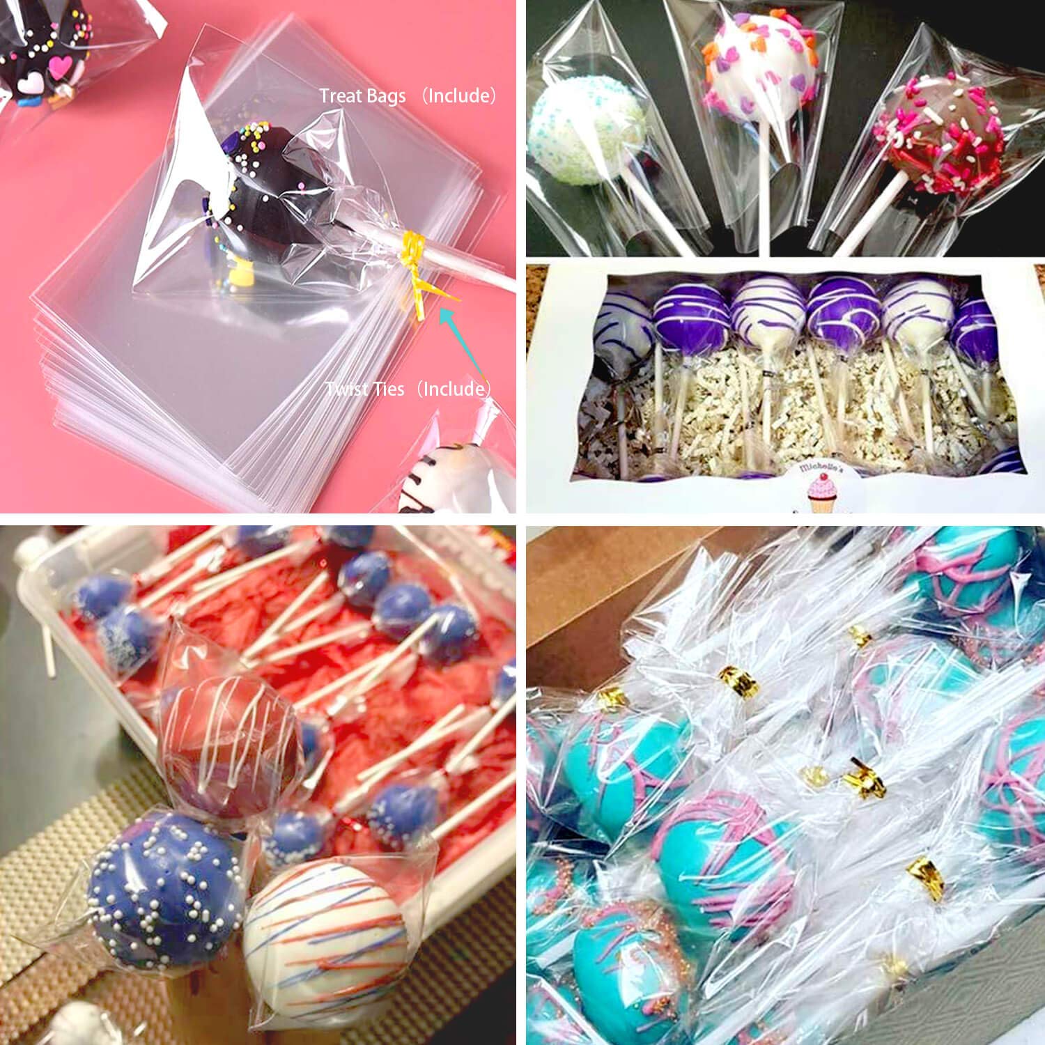 900-PCS Cake Pop Sticks and Wrappers Kit, Including 300pcs 6-inch Paper Lollipop Sticks, 300pcs Parcel Bags, 300pcs Gold Twist Ties for Lollipop, Hard Candy, Chocolate, Marshmallows, and Fruit Skewers - Image 5