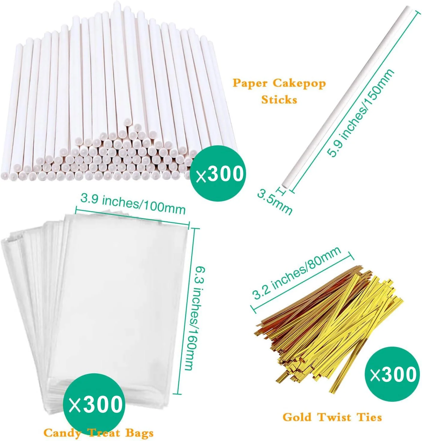 900-PCS Cake Pop Sticks and Wrappers Kit, Including 300pcs 6-inch Paper Lollipop Sticks, 300pcs Parcel Bags, 300pcs Gold Twist Ties for Lollipop, Hard Candy, Chocolate, Marshmallows, and Fruit Skewers - Image 6