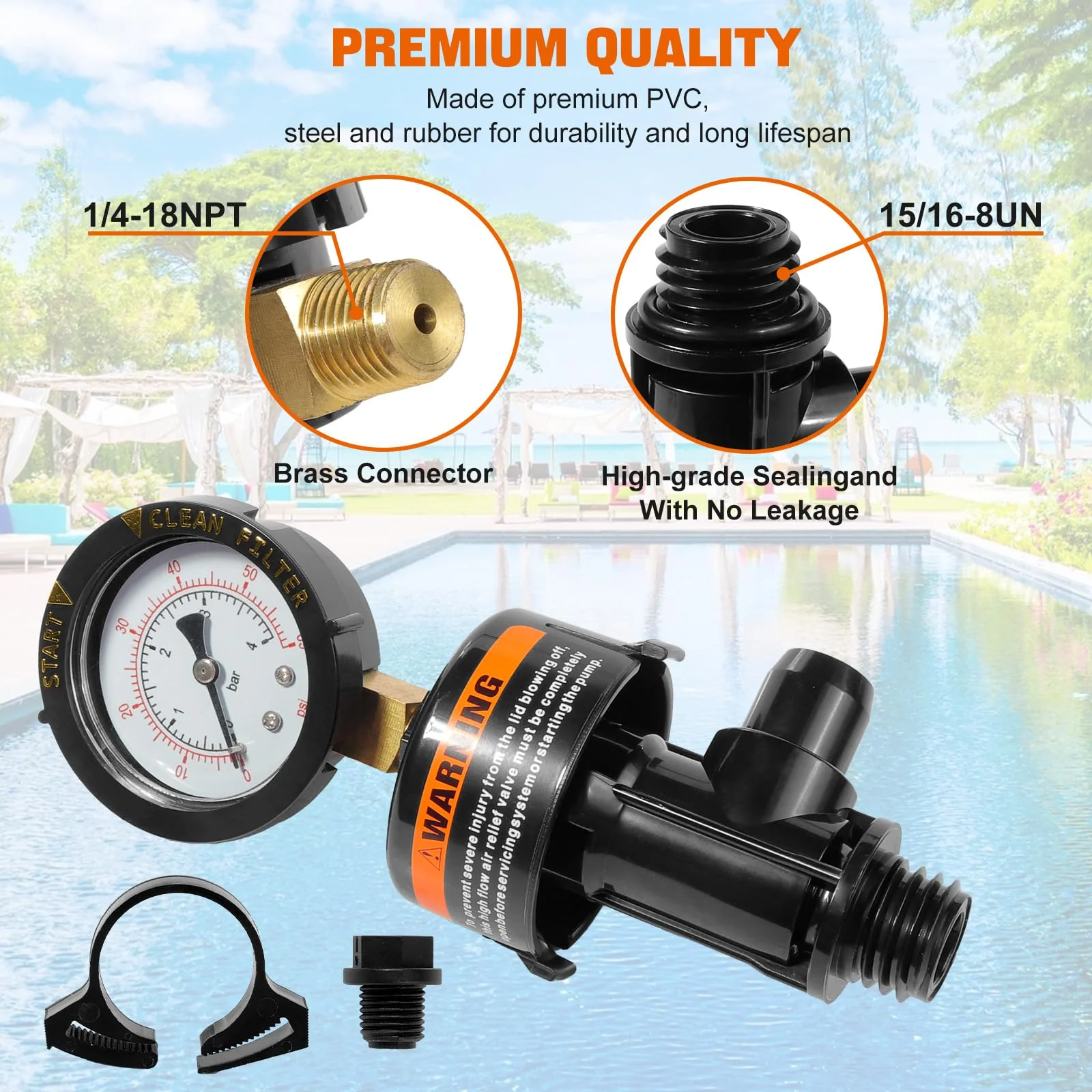 98209800 Manual Air Relief Valve Assembly with Pool Filter Pressure Gauge, Spa Pool Filter Pressure Valve Compatible with Pentair Air Relief Valve Fit for FNS, Clean and Clear, Quad De, 4000 Series - Image 3