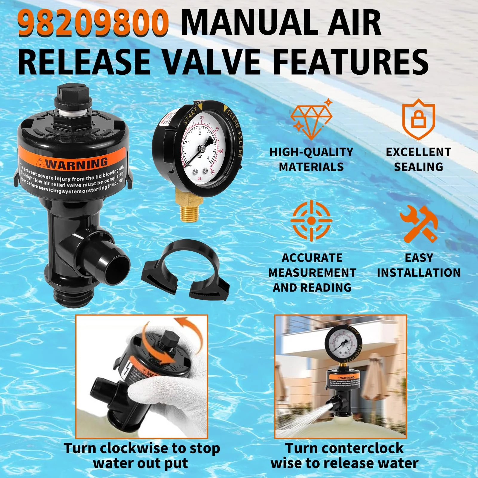 98209800 Manual Air Relief Valve Assembly with Pool Filter Pressure Gauge, Spa Pool Filter Pressure Valve Compatible with Pentair Air Relief Valve Fit for FNS, Clean and Clear, Quad De, 4000 Series - Image 4