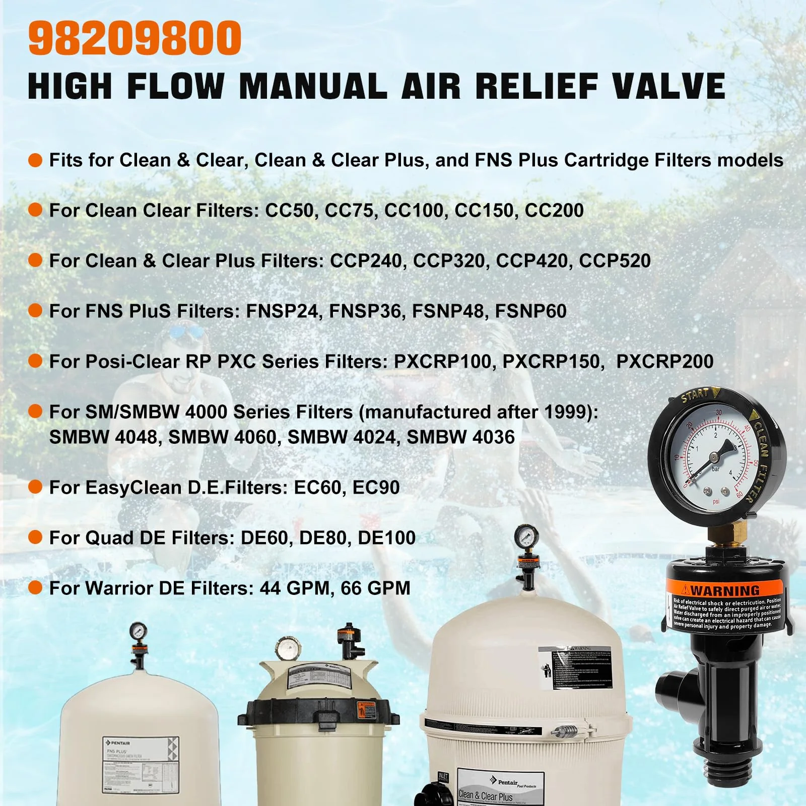 98209800 Manual Air Relief Valve Assembly with Pool Filter Pressure Gauge, Spa Pool Filter Pressure Valve Compatible with Pentair Air Relief Valve Fit for FNS, Clean and Clear, Quad De, 4000 Series - Image 7