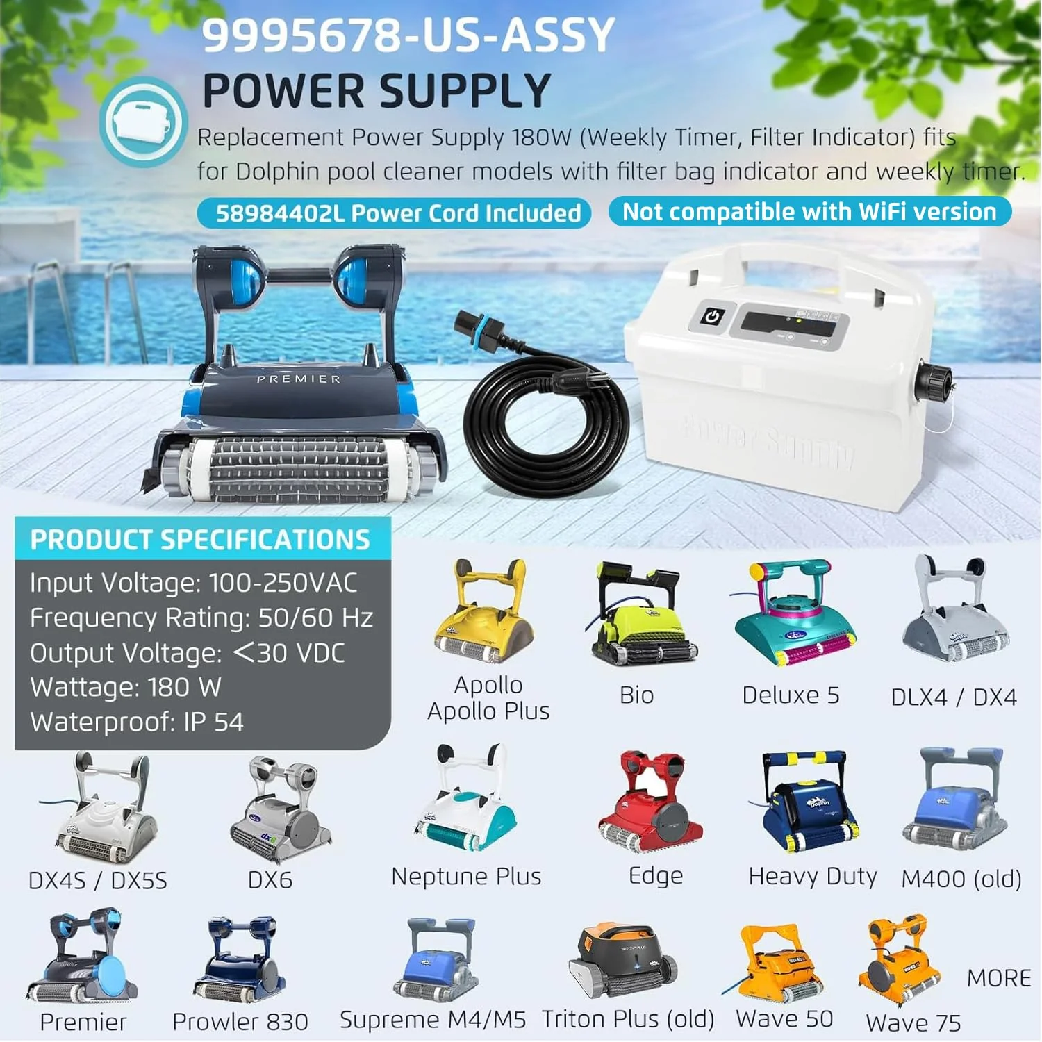9995678 Power Supply with Cord Replacement for Dolphin Nautilus CC Plus, Premier,Apollo,Bio,Deluxe 5,DLX4,DX4,DX4S,DX5S,DX6, Edge,HD,M400,Neptune Plus,Prowler 830,Supreme M4 M5, Triton Plus,Wave 50 75 - Image 9