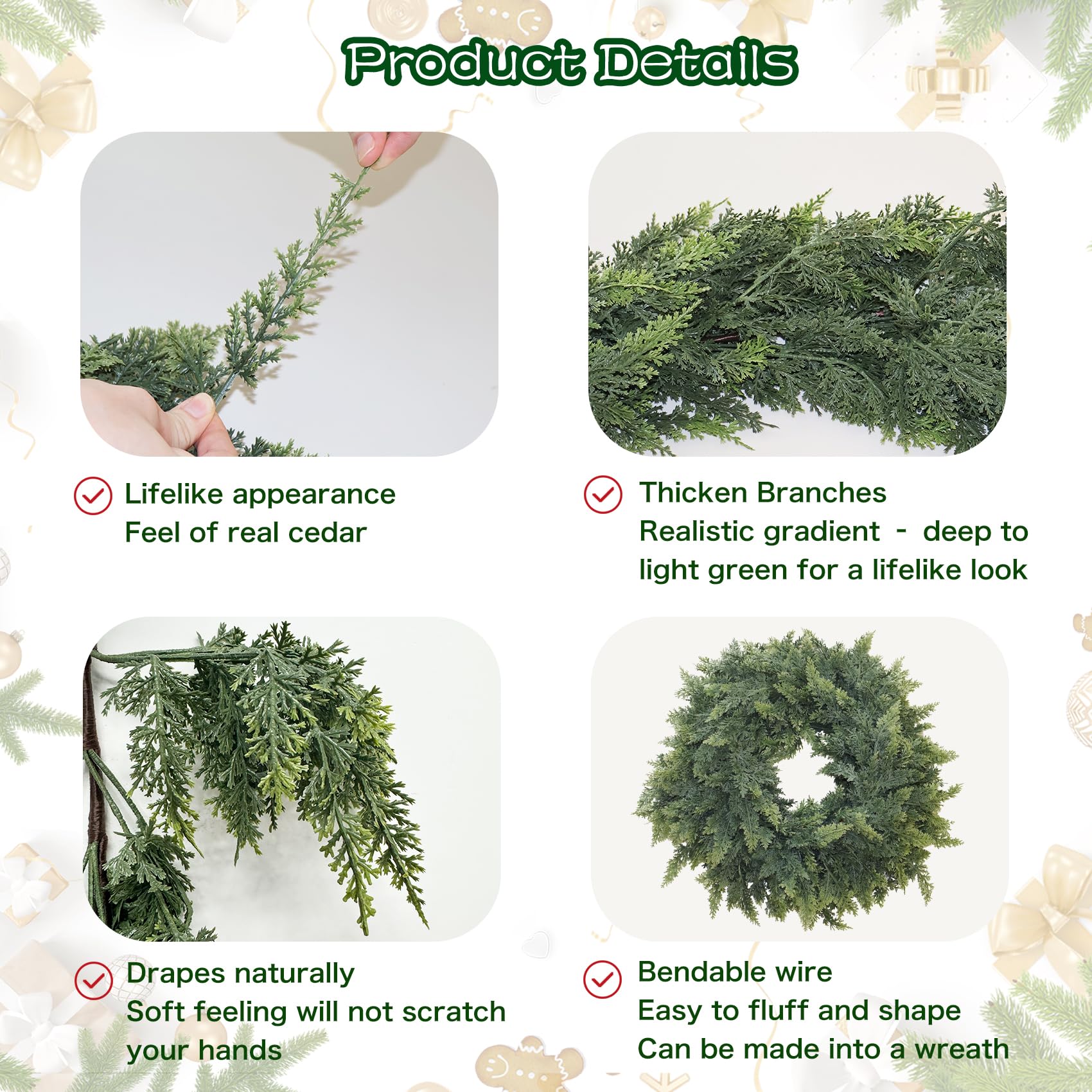 9FT Christmas Cedar Garland Artificial Real Touch Thickness Realistic Greenery Pine Garland for Mantle Fireplace Outdoor Indoor Christmas Decorations - Image 9
