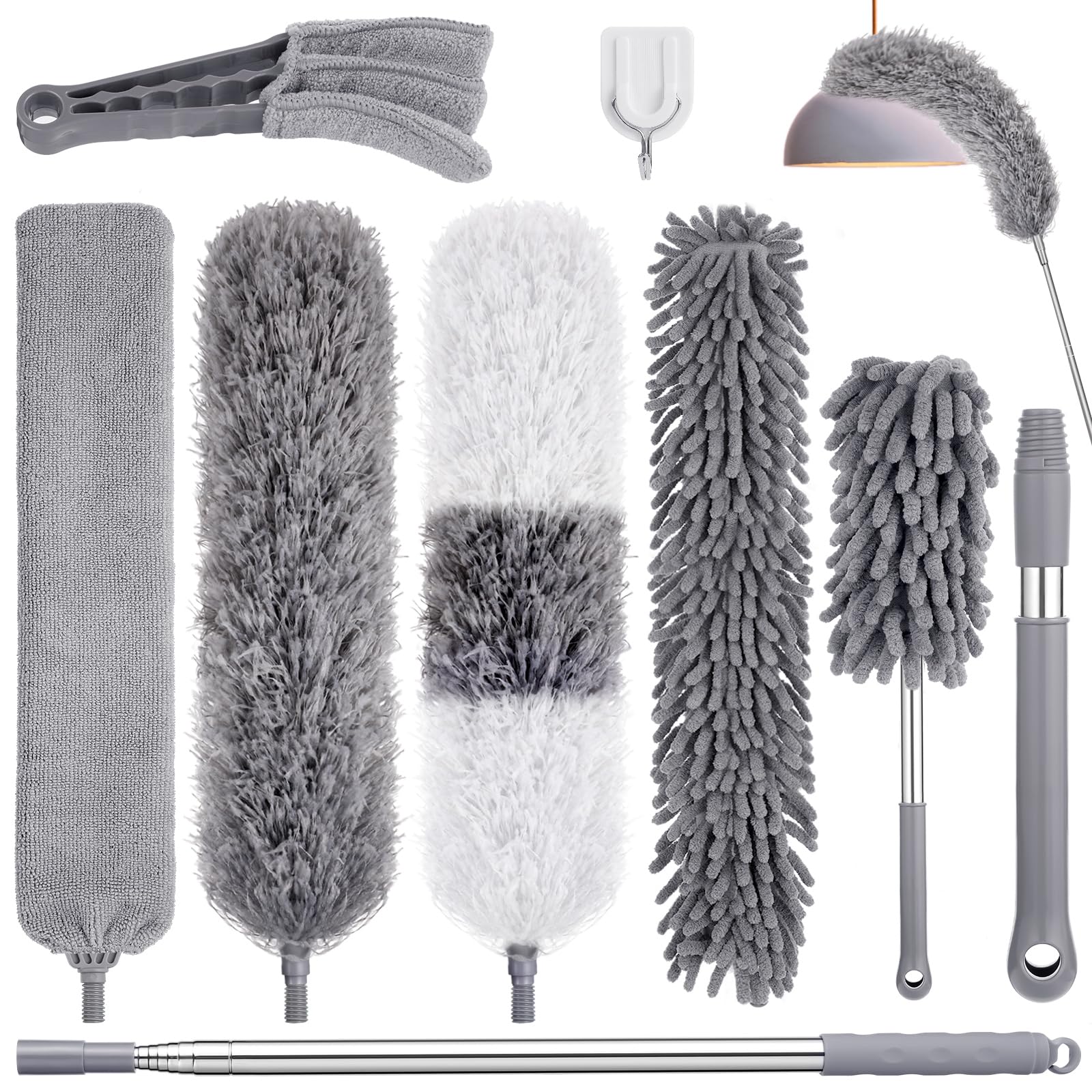 9PCS Dusters for Cleaning,Extendable Microfiber Duster with Extension Pole Up to 100'',Bendable Washable and Reusable Dusters Kit for Ceiling Fans, High Ceilings,Blinds,Furniture and Cars