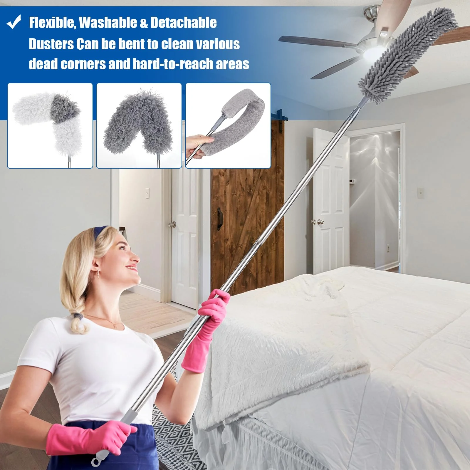 9PCS Dusters for Cleaning,Extendable Microfiber Duster with Extension Pole Up to 100'',Bendable Washable and Reusable Dusters Kit for Ceiling Fans, High Ceilings,Blinds,Furniture and Cars - Image 2