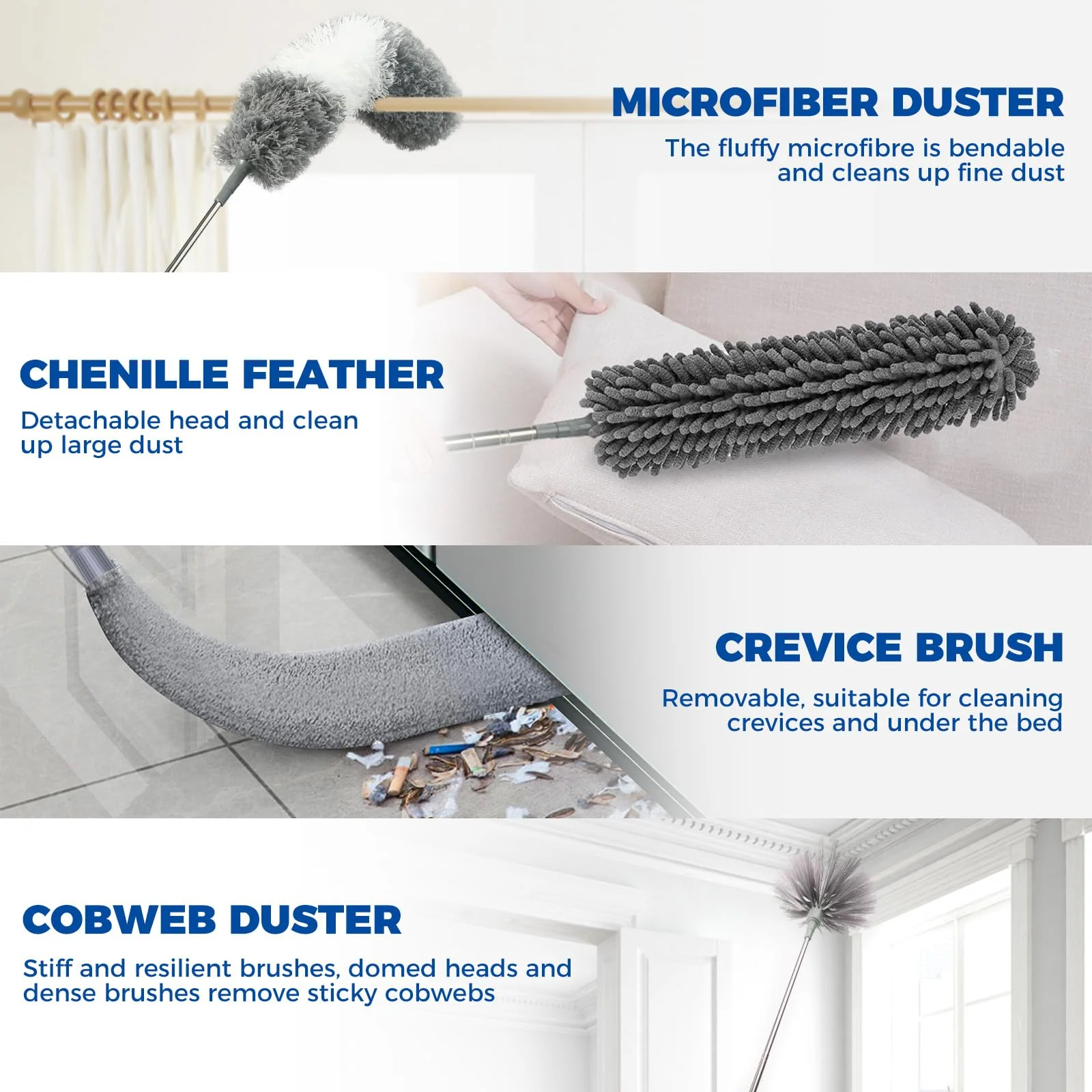 9Pcs Dusters for Cleaning Kit, Extendable Microfiber Duster Tools with 100" Long Pole, Retractable Gap Bendable Dust Cleaner, Reusable Washable Cleaning Supplie for Ceiling Fan Furniture Cars and Home - Image 5