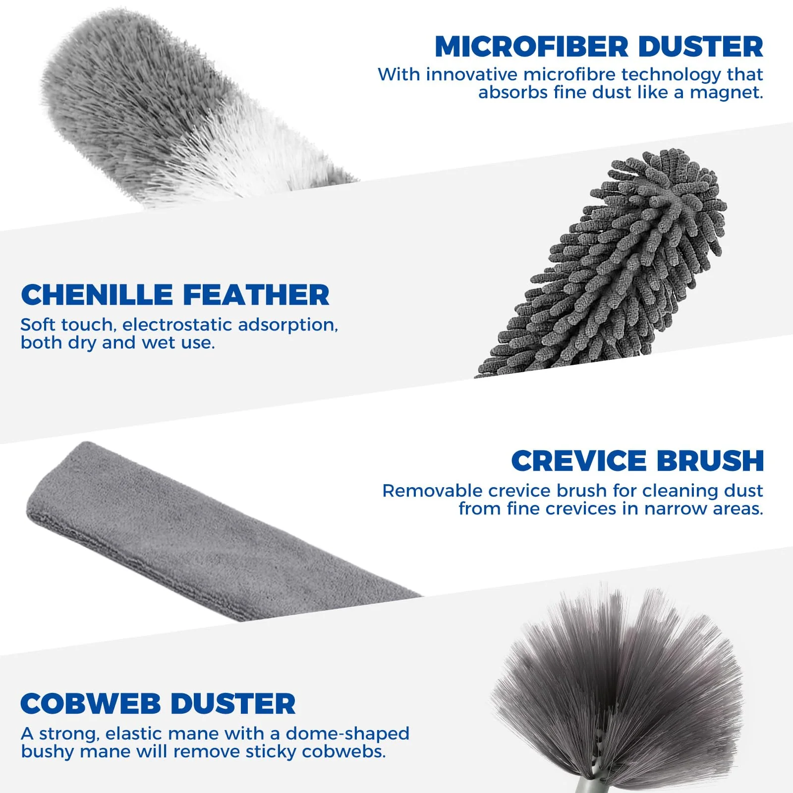 9Pcs Dusters for Cleaning Kit, Extendable Microfiber Duster Tools with 100" Long Pole, Retractable Gap Bendable Dust Cleaner, Reusable Washable Cleaning Supplie for Ceiling Fan Furniture Cars and Home - Image 6
