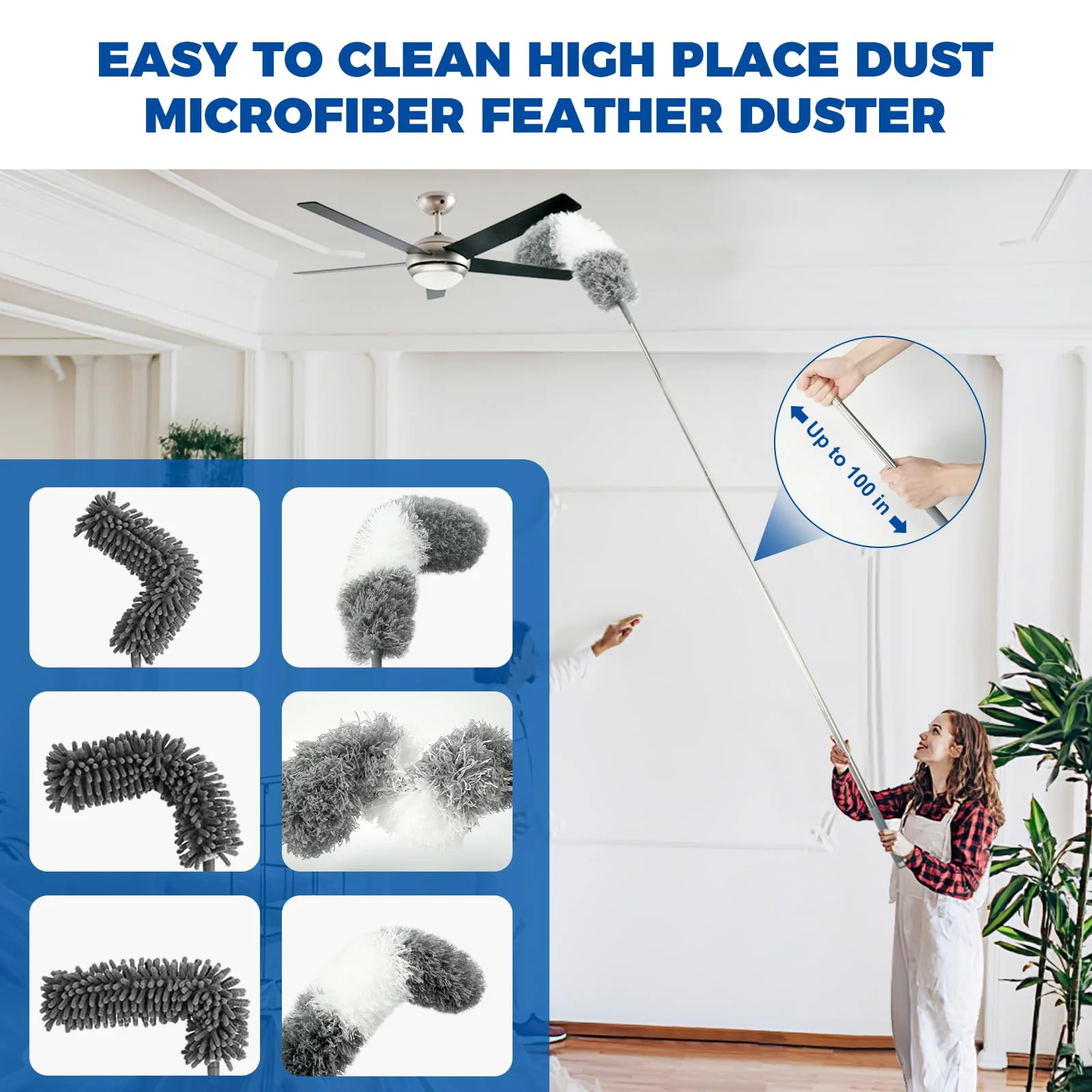 9Pcs Dusters for Cleaning Kit, Extendable Microfiber Duster Tools with 100" Long Pole, Retractable Gap Bendable Dust Cleaner, Reusable Washable Cleaning Supplie for Ceiling Fan Furniture Cars and Home - Image 7