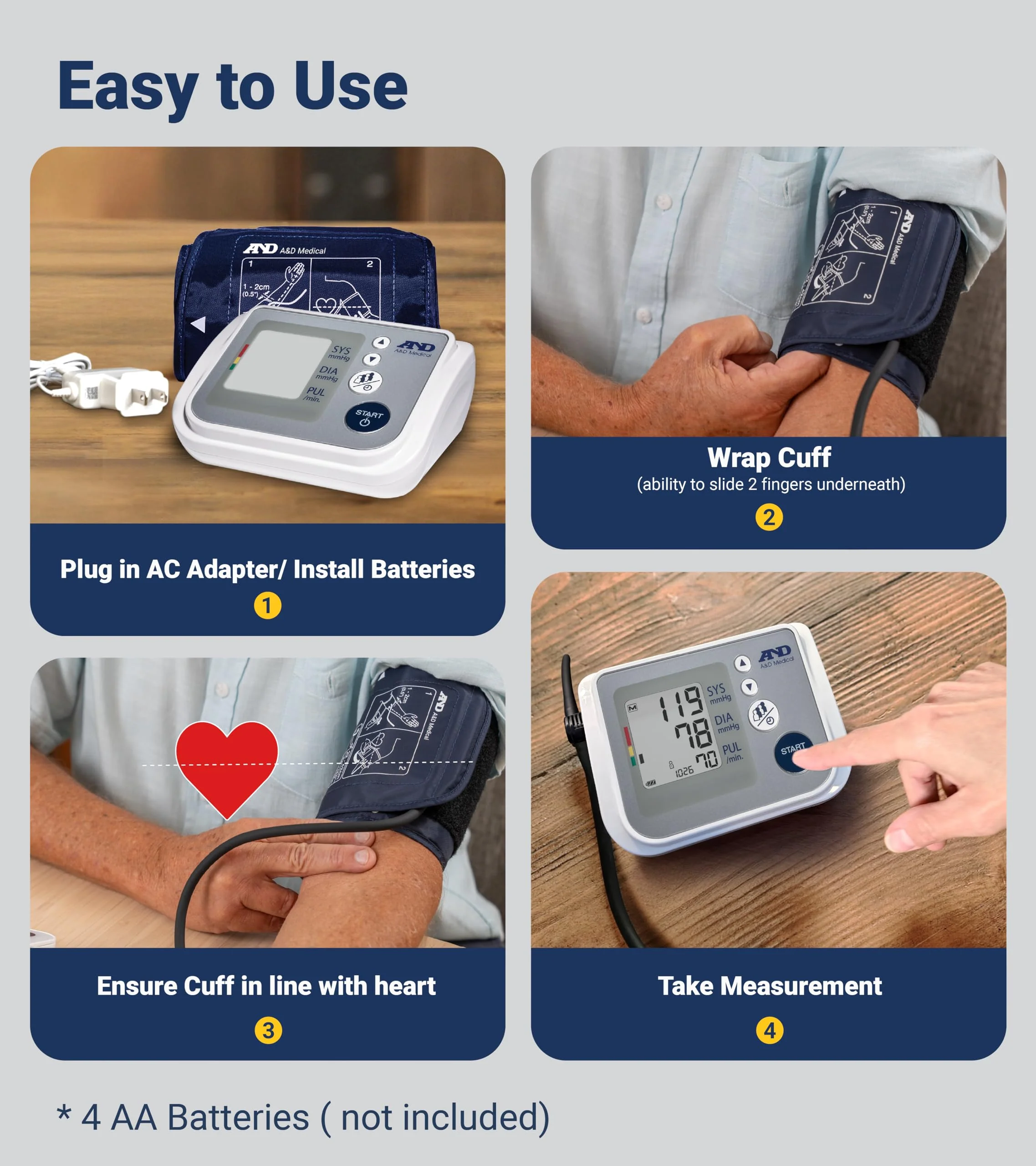 A&D Medical Multi-User Blood Pressure Monitor for Home Use UA-767FAC – Wide Range Cuff (8.6-16.5” / 22-42cm), Easy to Use, Adult Upper Arm, 60 Readings Per User (4 Users), AC Adapter, FSA/HSA Eligible - Image 5