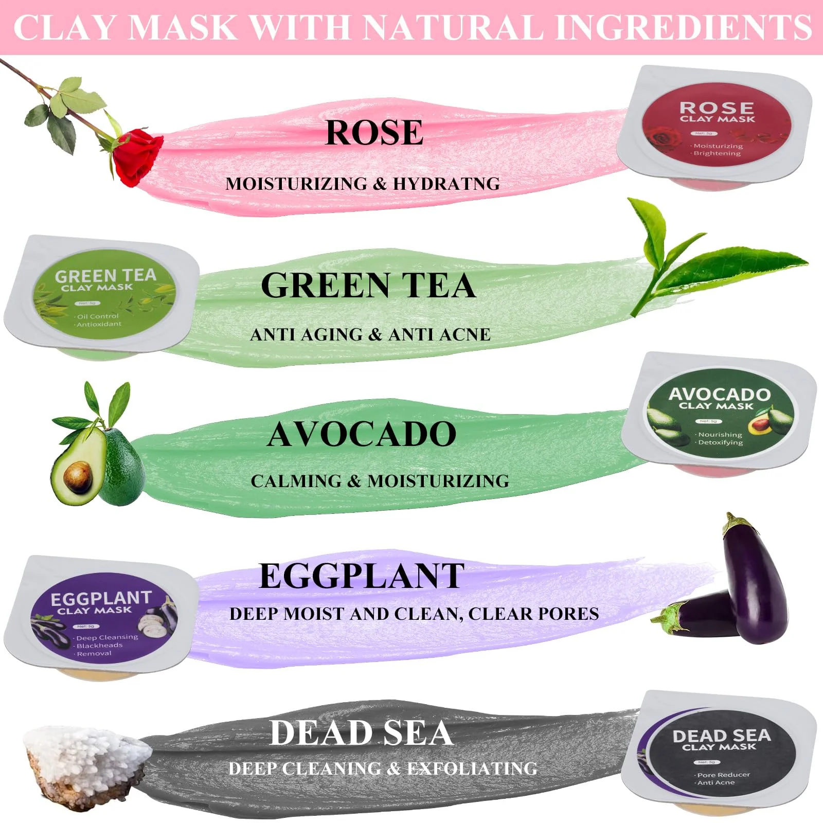 Aaenouicfs Clay Mask Set 20 Pods, Face Mask Skin Care, Green Tea, Turmeric, Dead Sea Mud, Rose, 24K Gold, Eggplant, Avocado, Mud Mask Deep Cleansing Skin, Blackhead Removal, Men & Women Facial Mask - Image 5