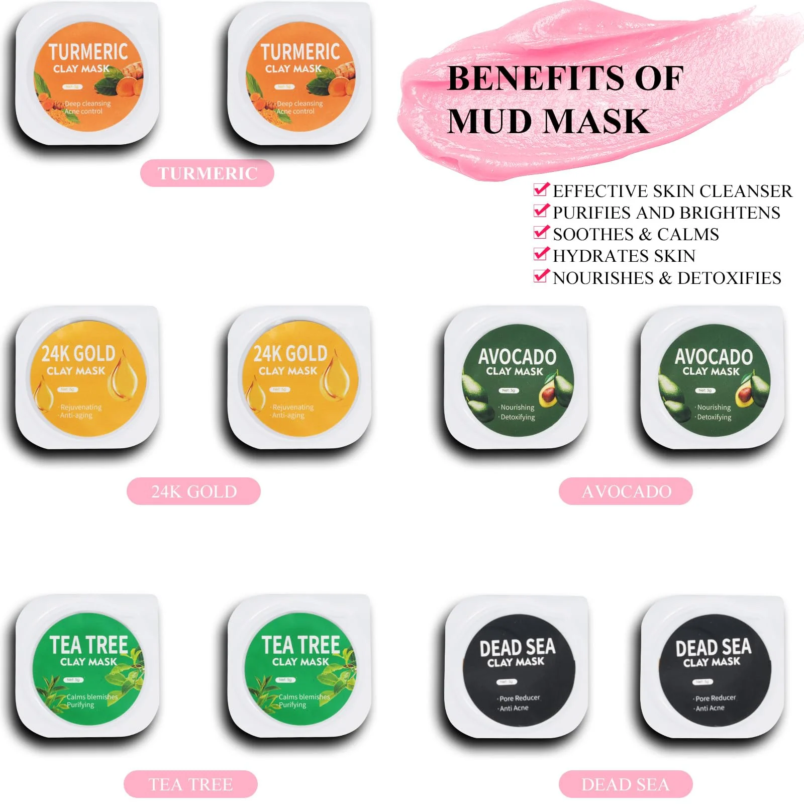 Aaenouicfs Clay Mask Set 20 Pods, Face Mask Skin Care, Green Tea, Turmeric, Dead Sea Mud, Rose, 24K Gold, Eggplant, Avocado, Mud Mask Deep Cleansing Skin, Blackhead Removal, Men & Women Facial Mask - Image 6