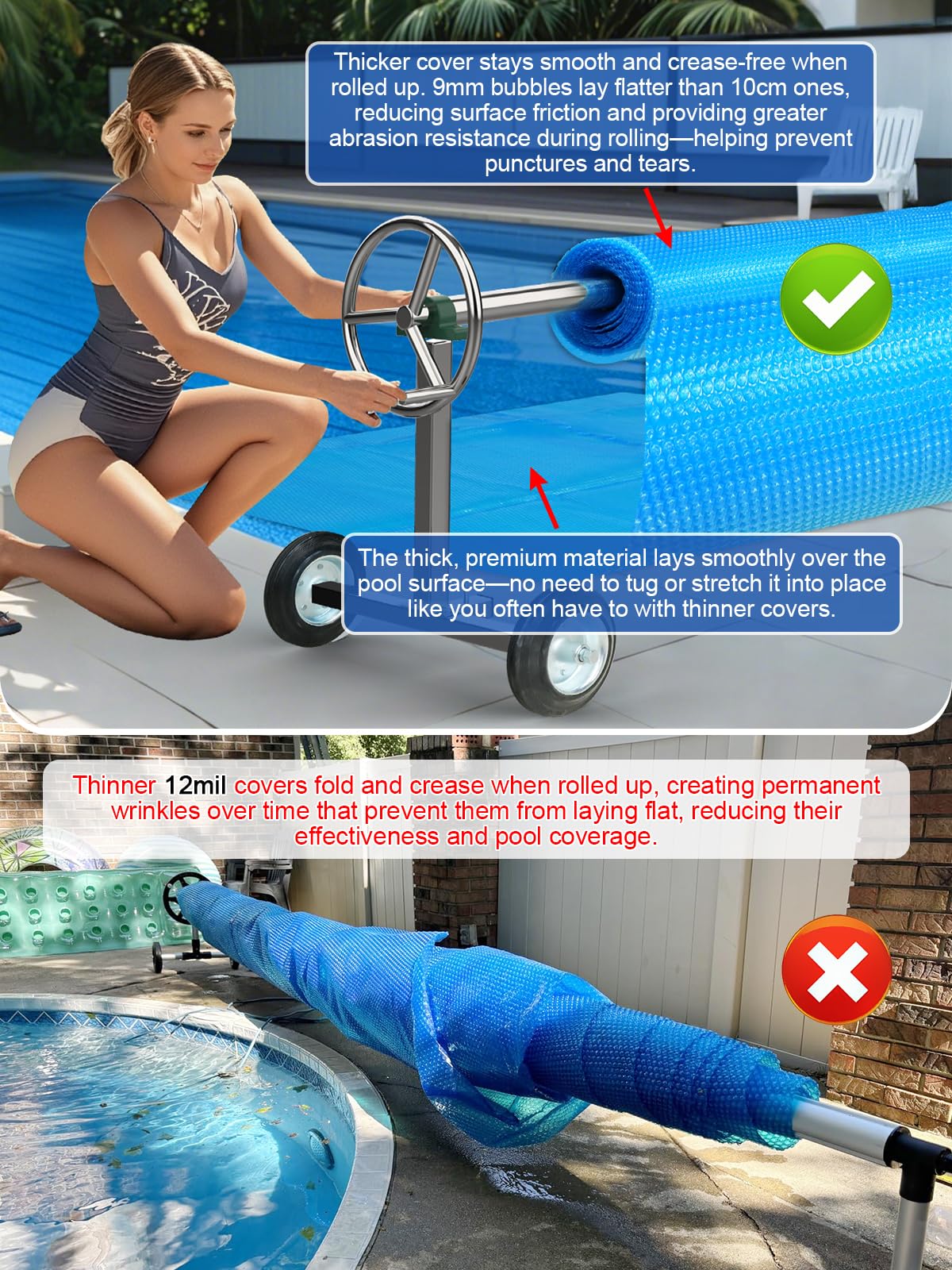 Abimars 16 Mil Solar Pool Cover with UPF 50+ UV Protection, 12’ x 24’ Rectangle Pool Solar Blanket for Inground & Above Ground Pools, 1600 Series, Heat/Chemical Resistant Cover, Blue - Image 3