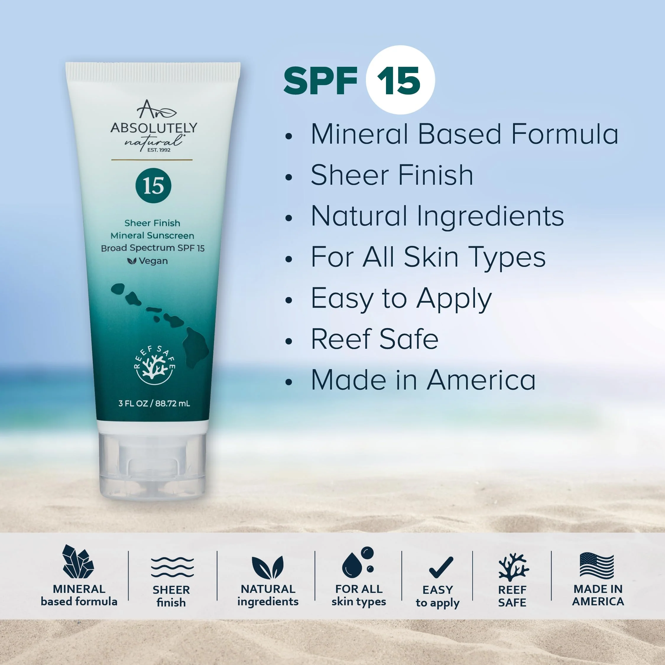 Absolutely Natural - SPF 15 Mineral Sunscreen - Broad Spectrum Water Resistant Moisturizer Lotion For Body & Face - With Non-Nano Zinc Oxide, Vitamin E, & Antioxidants - Made in USA, 3 Oz - Image 8