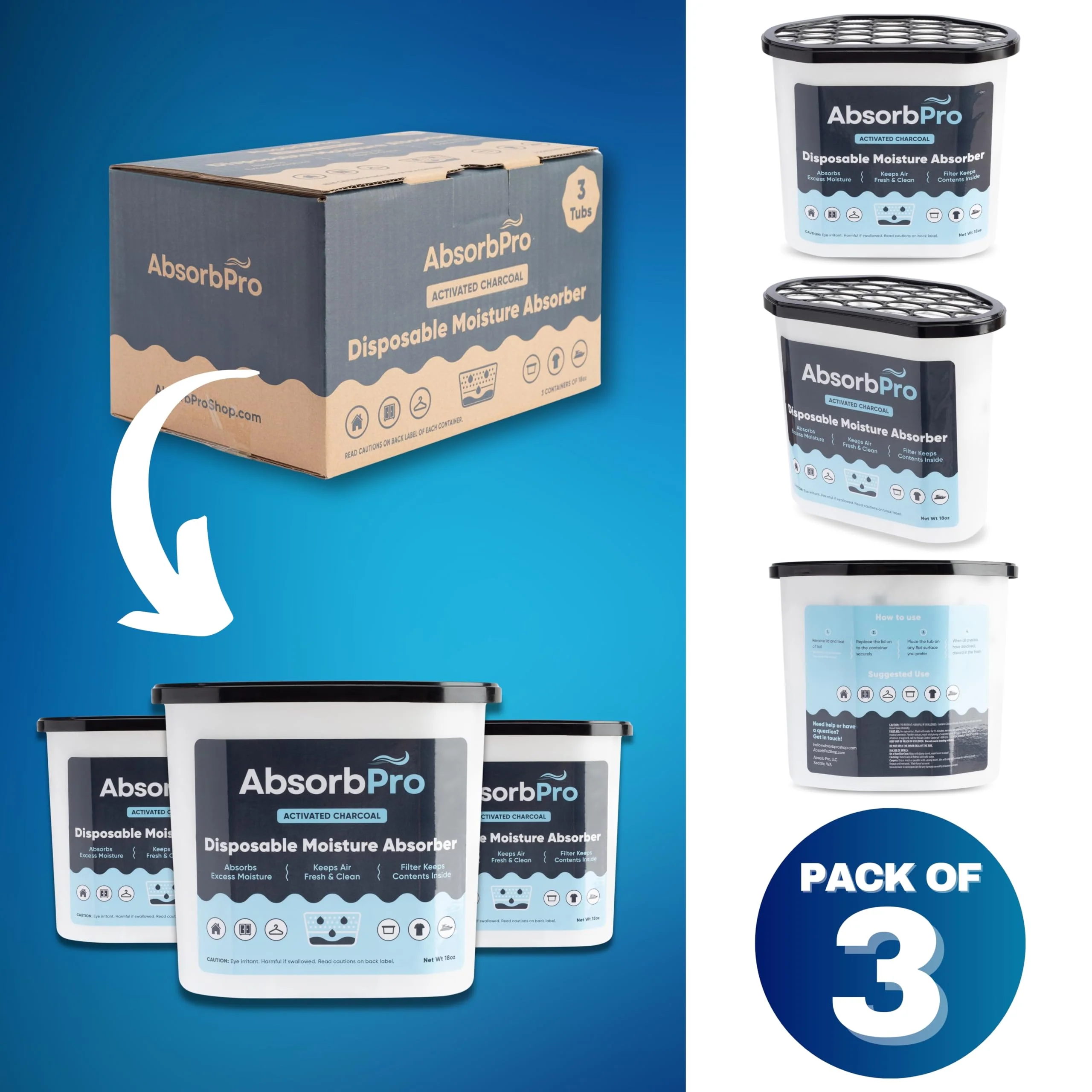 Absorb Pro - Moisture Absorber Tub with Activated Charcoal - 3-Pack - 18 oz Disposable Odor Eliminator Box & Dehumidifier for Garage, Home, Kitchen, Bedroom, Bathroom, Closet, Cars, and Boats - Image 2