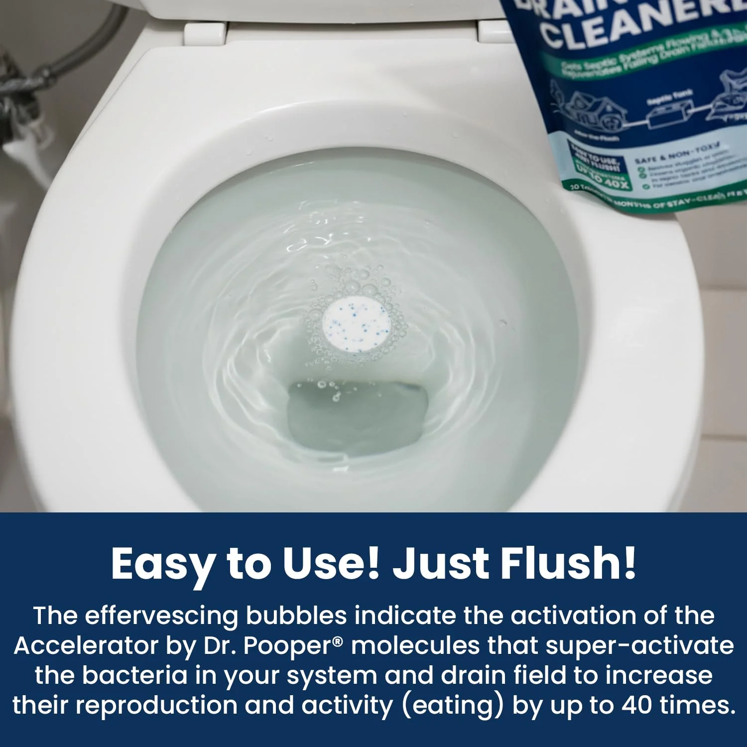Accelerator by Dr. Pooper Drain Field Cleaner Tablets (20 Count) - Septic Tank Treatment for Clogs, Odor & Sludge - 90% Less Plastic - 10 Month Supply - Aerobic & Anaerobic Systems - Easy Flush - Image 3