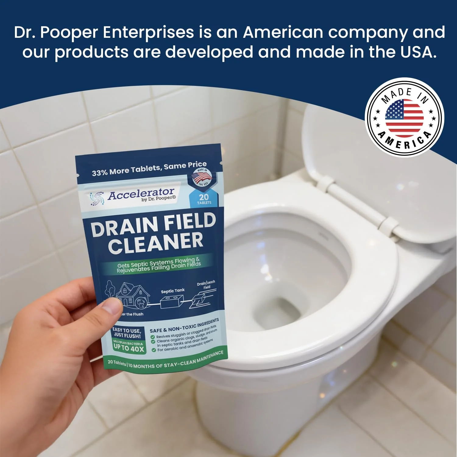 Accelerator by Dr. Pooper Drain Field Cleaner Tablets (20 Count) - Septic Tank Treatment for Clogs, Odor & Sludge - 90% Less Plastic - 10 Month Supply - Aerobic & Anaerobic Systems - Easy Flush - Image 4