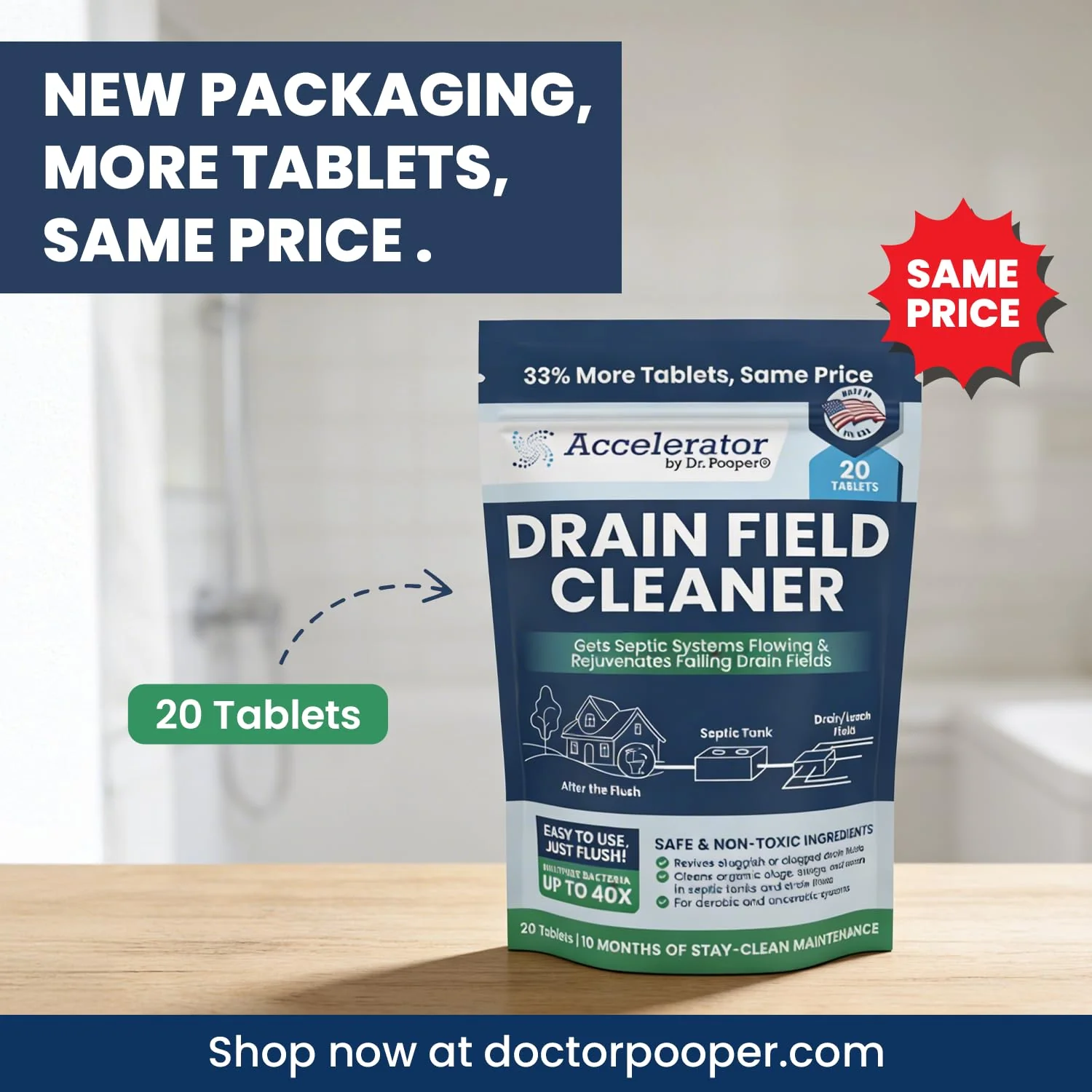 Accelerator by Dr. Pooper Drain Field Cleaner Tablets (20 Count) - Septic Tank Treatment for Clogs, Odor & Sludge - 90% Less Plastic - 10 Month Supply - Aerobic & Anaerobic Systems - Easy Flush - Image 9
