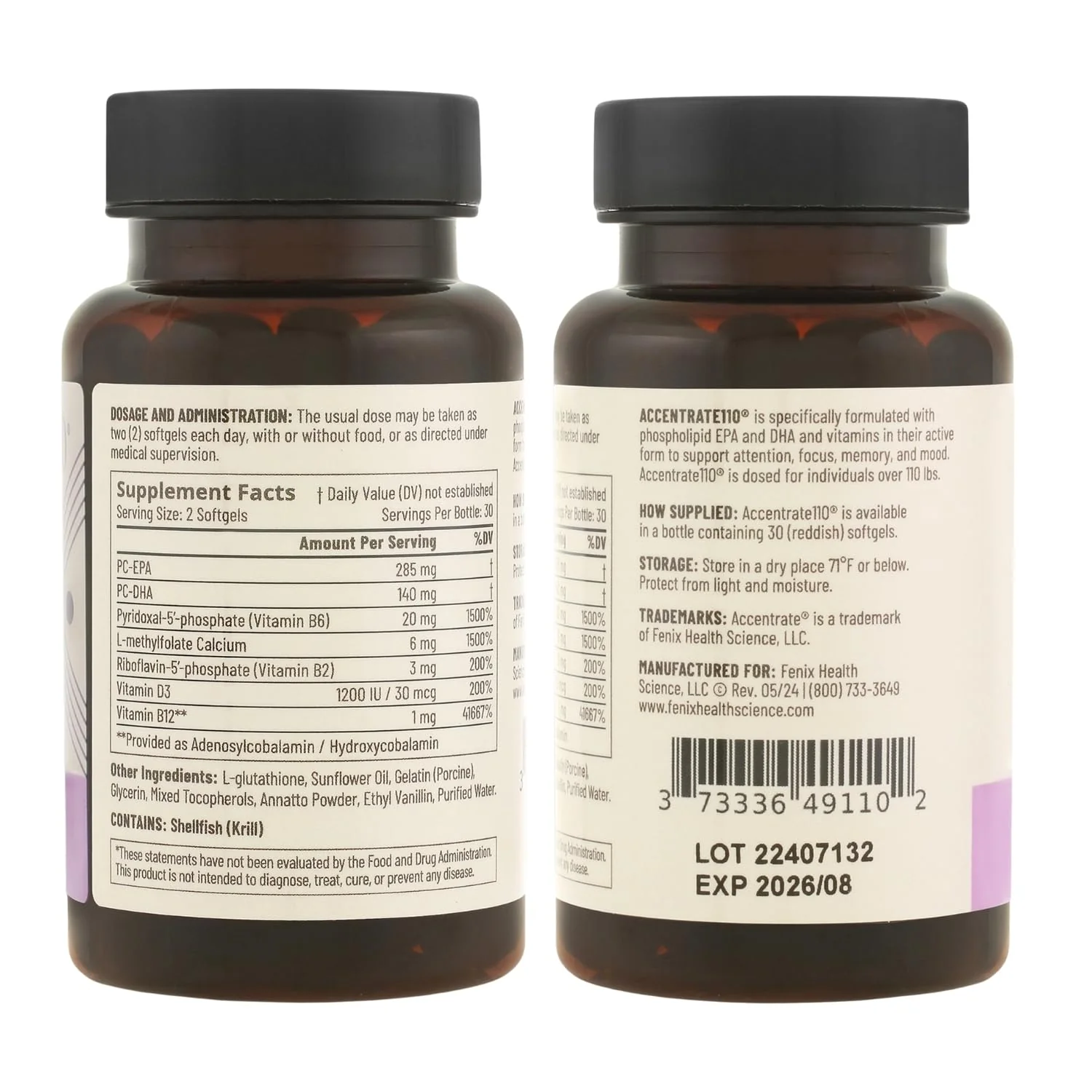 Accentrate110 - Focus Supplement - Methylated Vitamin B Complex with Omega 3 Fatty Acid Supplement - L-Methylfolate, Vitamin B12, P-5-P, Riboflavin, VIT D, – 60 Softgels (1 Month Supply)