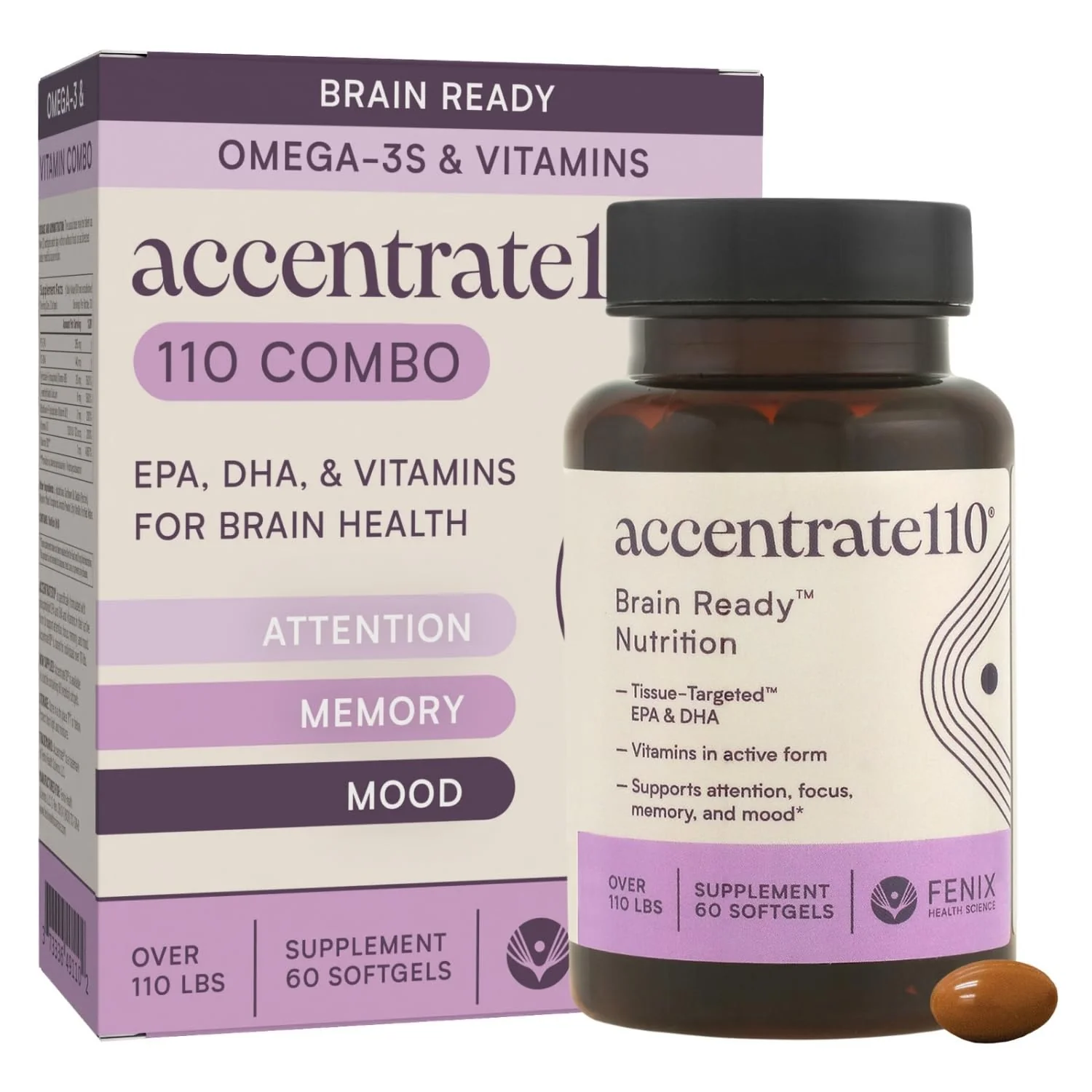 Accentrate110 - Focus Supplement - Methylated Vitamin B Complex with Omega 3 Fatty Acid Supplement - L-Methylfolate, Vitamin B12, P-5-P, Riboflavin, VIT D, – 60 Softgels (1 Month Supply) - Image 2