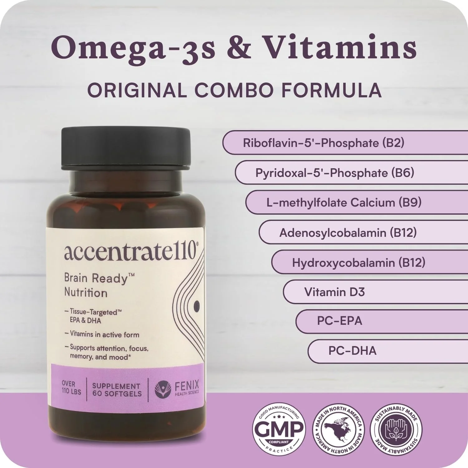 Accentrate110 - Focus Supplement - Methylated Vitamin B Complex with Omega 3 Fatty Acid Supplement - L-Methylfolate, Vitamin B12, P-5-P, Riboflavin, VIT D, – 60 Softgels (1 Month Supply) - Image 7