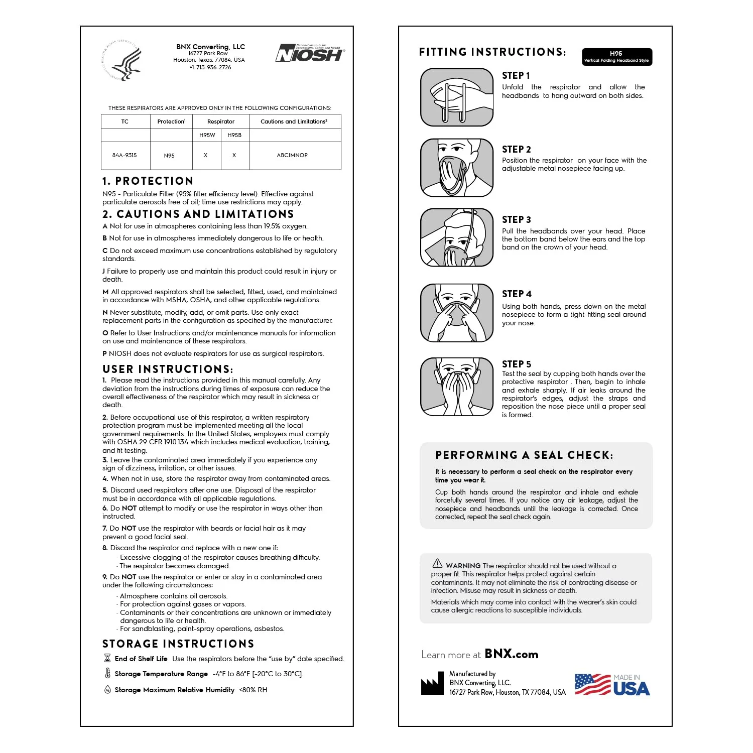 AccuMed BNX N95 Mask Black NIOSH Certified MADE IN USA Particulate Respirator Protective Face Mask (50-Pack, Approval Number TC-84A-9315 / Model H95B) Black - Image 3
