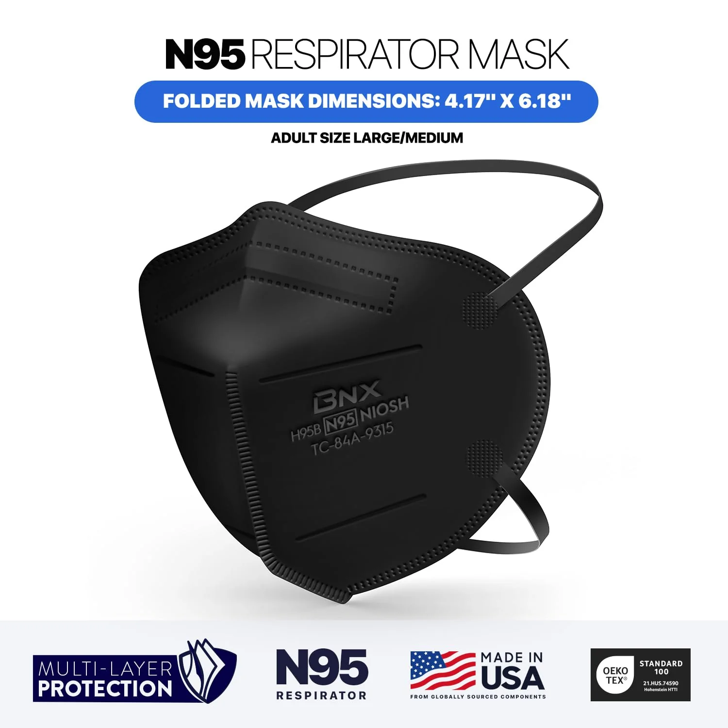 AccuMed BNX N95 Mask Black NIOSH Certified MADE IN USA Particulate Respirator Protective Face Mask (50-Pack, Approval Number TC-84A-9315 / Model H95B) Black - Image 4