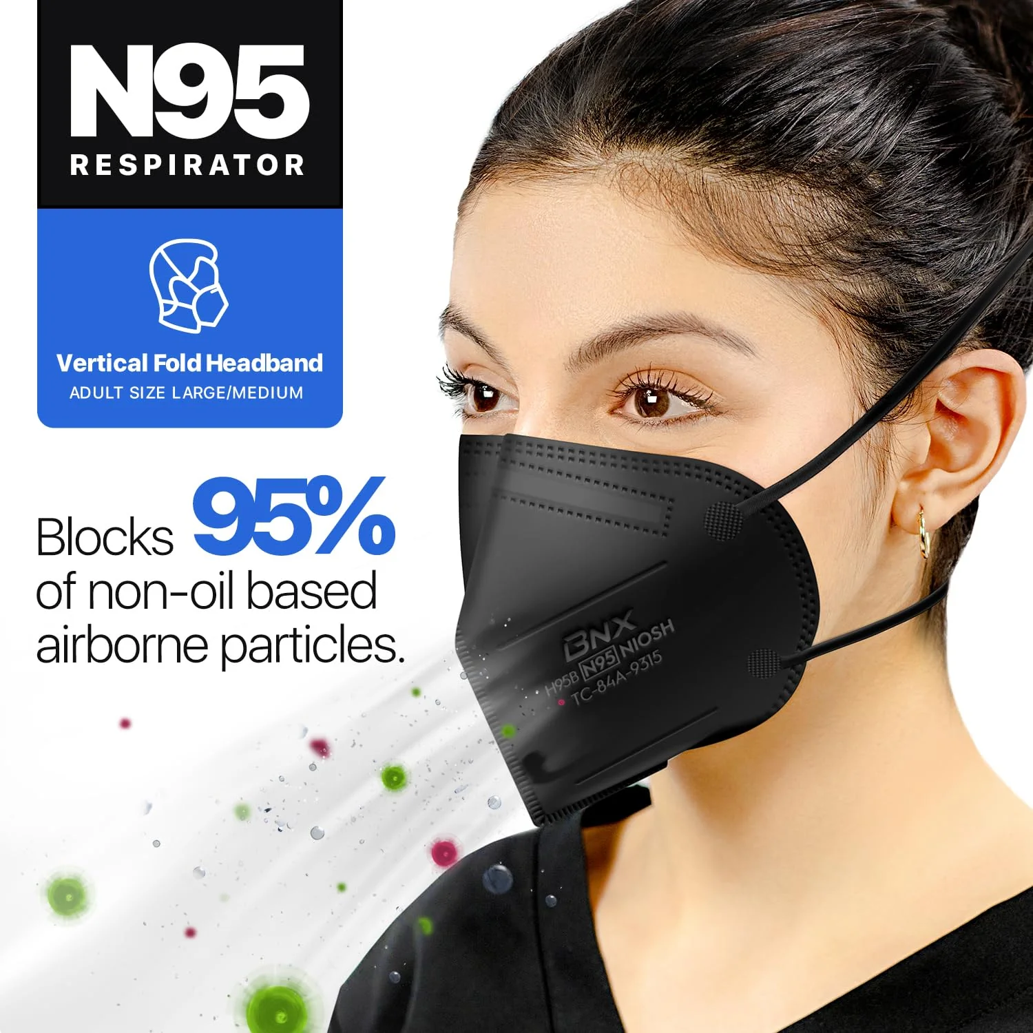 AccuMed BNX N95 Mask Black NIOSH Certified MADE IN USA Particulate Respirator Protective Face Mask (50-Pack, Approval Number TC-84A-9315 / Model H95B) Black - Image 5