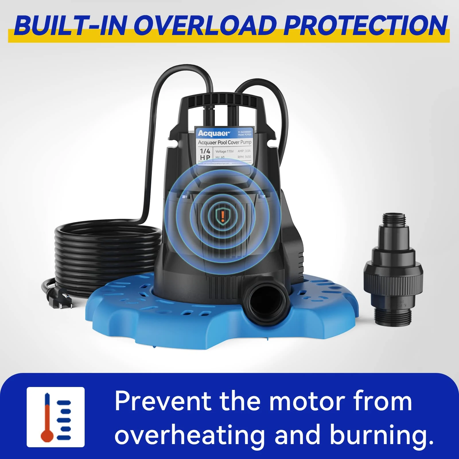 Acquaer 1/4 HP Automatic Swimming Pool Cover Pump, 2250 GPH Submersible Sump Pump with 3/4” Check Valve Adapter & 25ft Power Cord, Water Removal for Pool, Hot Tubs, Rooftops, Water Beds and more - Image 3