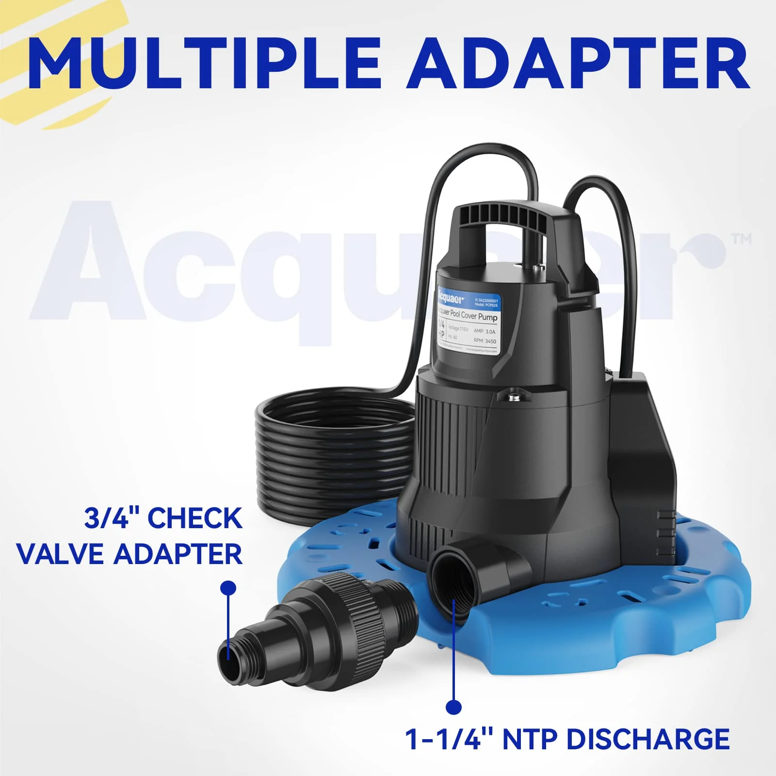 Acquaer 1/4 HP Automatic Swimming Pool Cover Pump, 2250 GPH Submersible Sump Pump with 3/4” Check Valve Adapter & 25ft Power Cord, Water Removal for Pool, Hot Tubs, Rooftops, Water Beds and more - Image 4