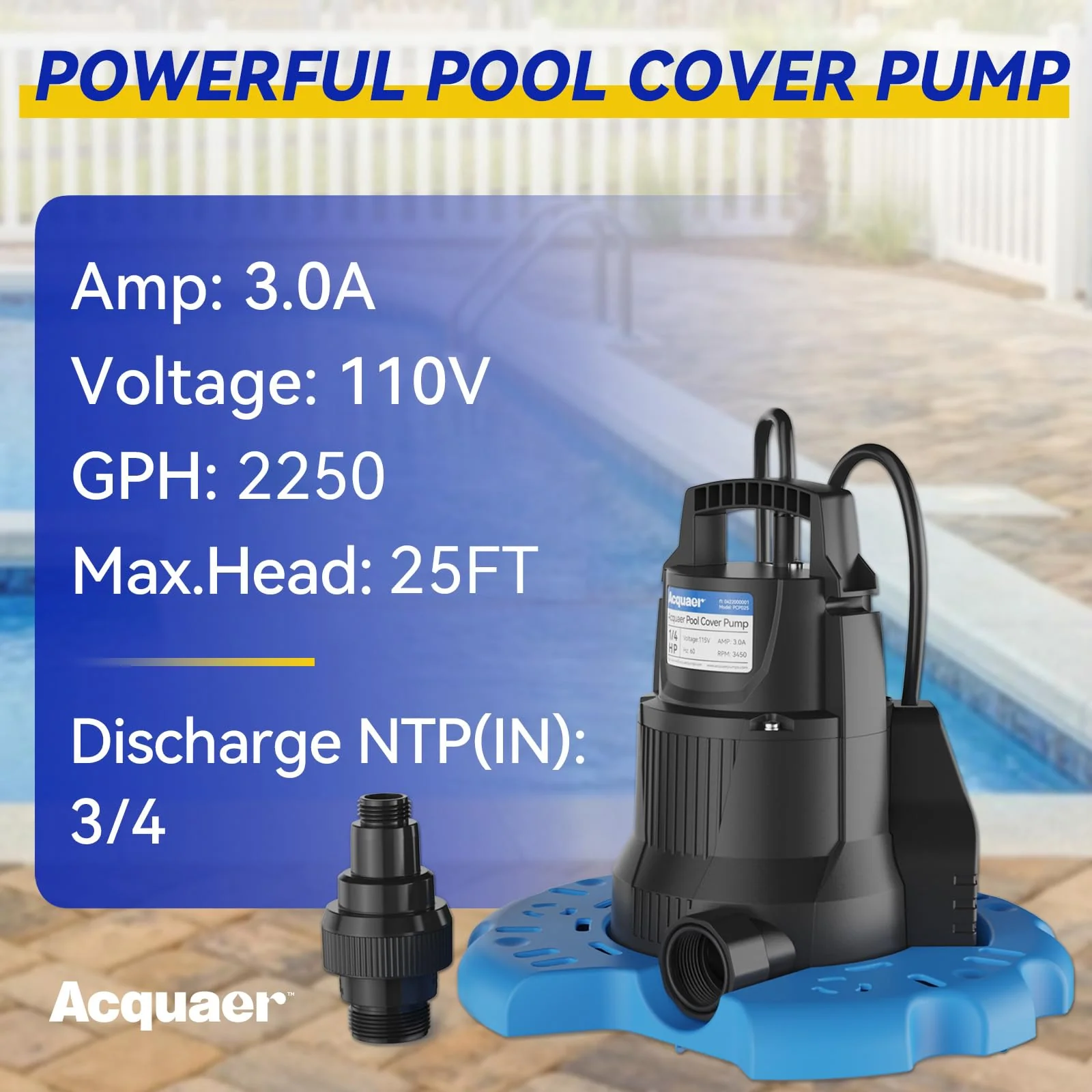 Acquaer 1/4 HP Automatic Swimming Pool Cover Pump, 2250 GPH Submersible Sump Pump with 3/4” Check Valve Adapter & 25ft Power Cord, Water Removal for Pool, Hot Tubs, Rooftops, Water Beds and more - Image 6