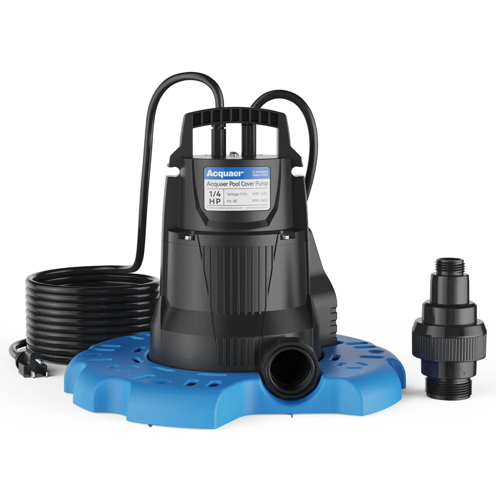 Acquaer Automatic Swimming Pool Cover Pump, Submersible Sump Pump with 3/4” Check Valve Adapter & 25ft Power Cord, Water Removal for Pool, Hot Tubs, Rooftops, Water Beds and More, 1/3 HP 2950 GPH