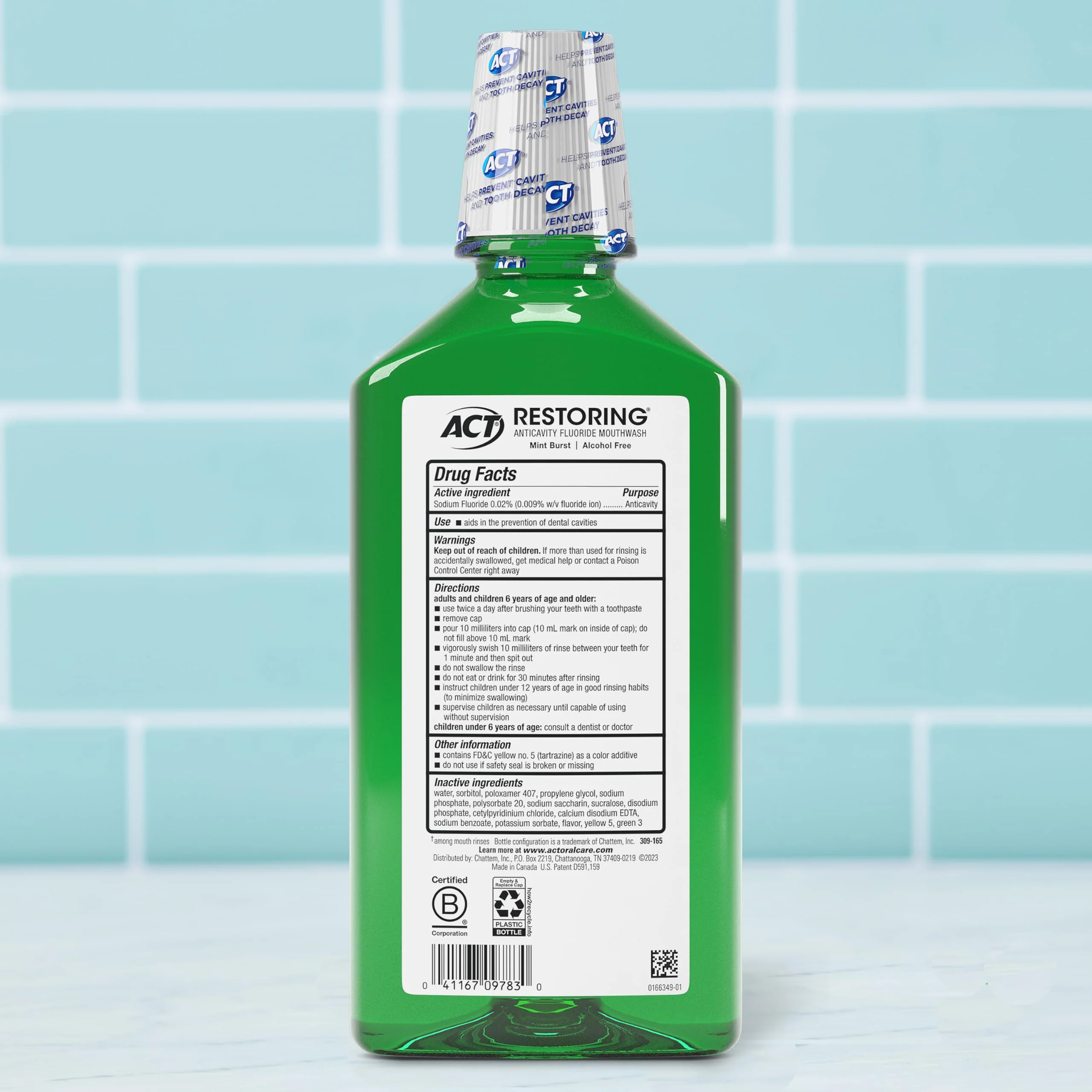ACT Restoring Zero Alcohol Fluoride Mouthwash 33.8 fl. oz. Strengthens Tooth Enamel, Mint Burst - Image 2