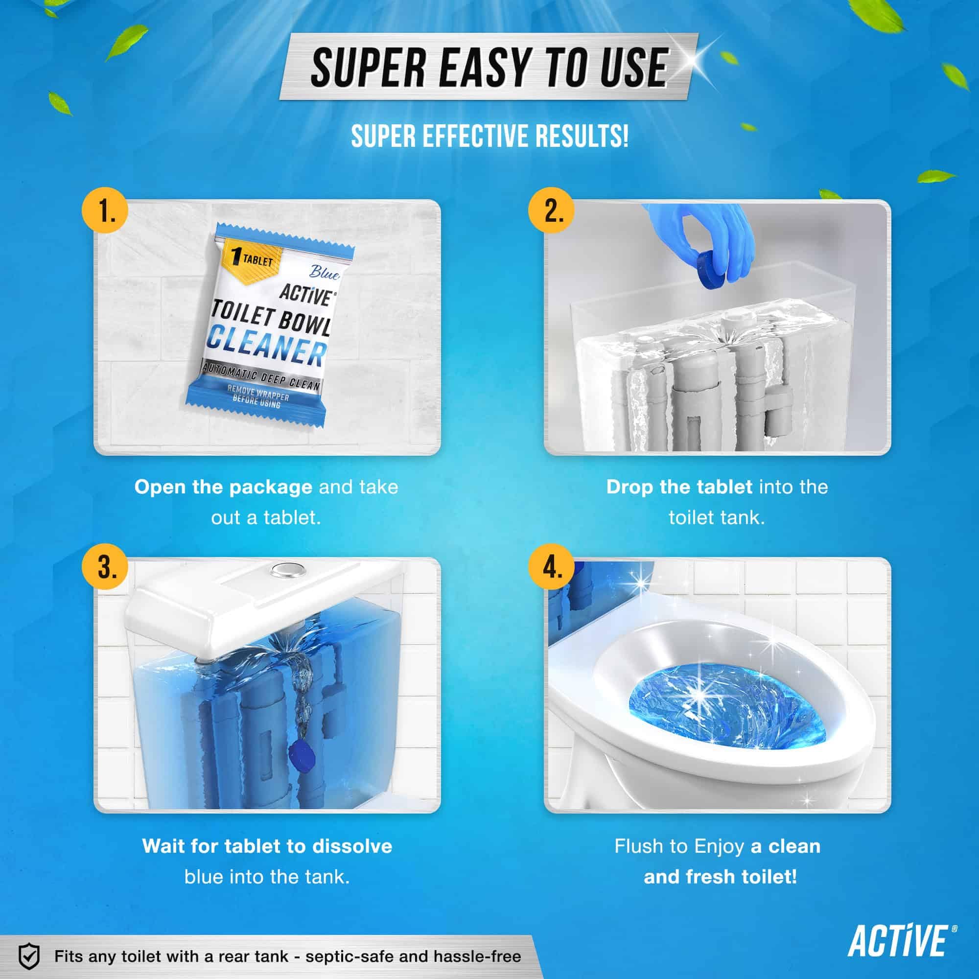 ACTIVE Automatic Toilet Bowl Cleaner Tablets Blue Gel Toilet Tank Cleaners, Septic-Safe Hard Water Ring Stain Remover, Smell Eliminator Heavy Duty Toilet Cleaning & Deodorizer, Fresh Scent - 12 Tabs - Image 2