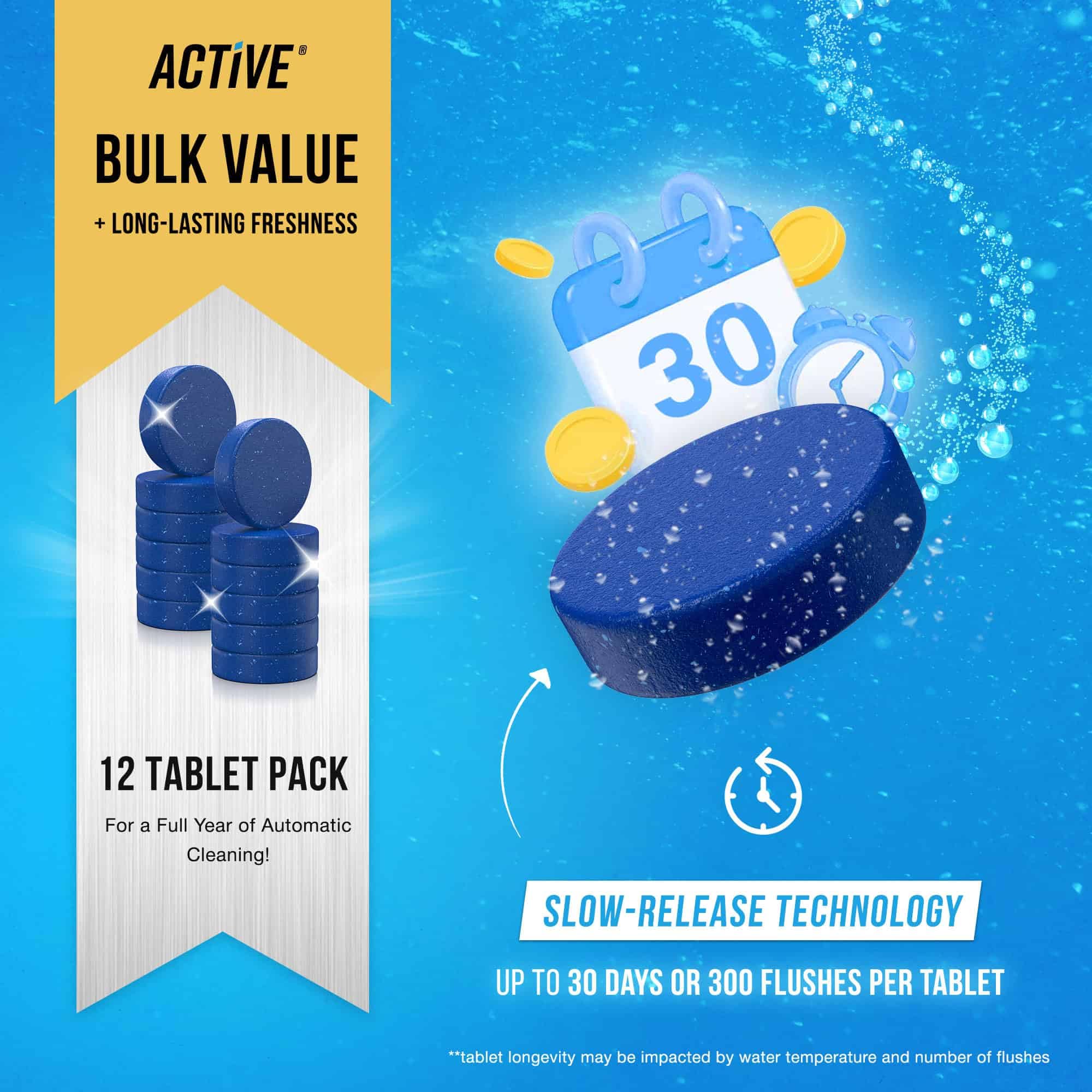 ACTIVE Automatic Toilet Bowl Cleaner Tablets Blue Gel Toilet Tank Cleaners, Septic-Safe Hard Water Ring Stain Remover, Smell Eliminator Heavy Duty Toilet Cleaning & Deodorizer, Fresh Scent - 12 Tabs - Image 4