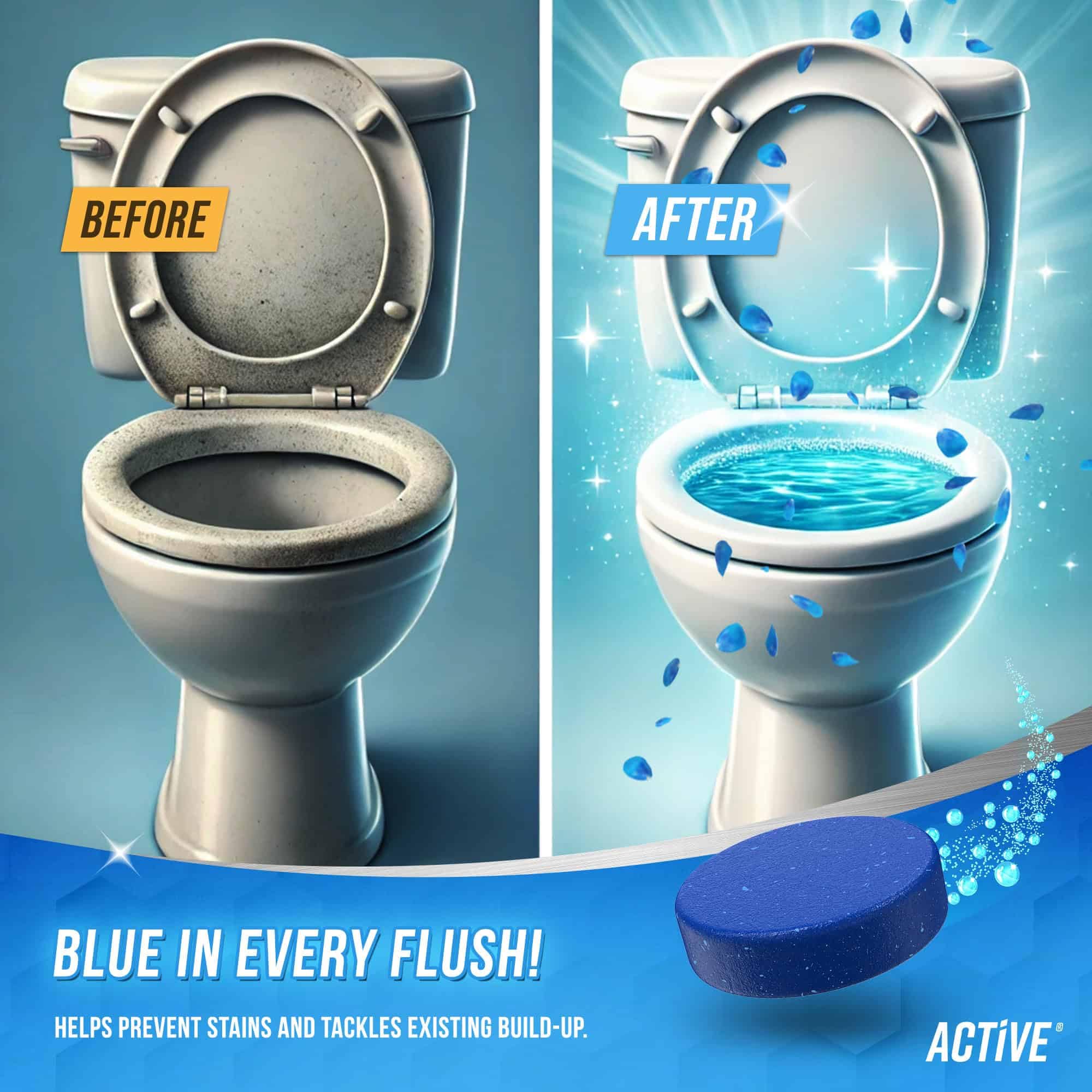 ACTIVE Automatic Toilet Bowl Cleaner Tablets Blue Gel Toilet Tank Cleaners, Septic-Safe Hard Water Ring Stain Remover, Smell Eliminator Heavy Duty Toilet Cleaning & Deodorizer, Fresh Scent - 12 Tabs - Image 5