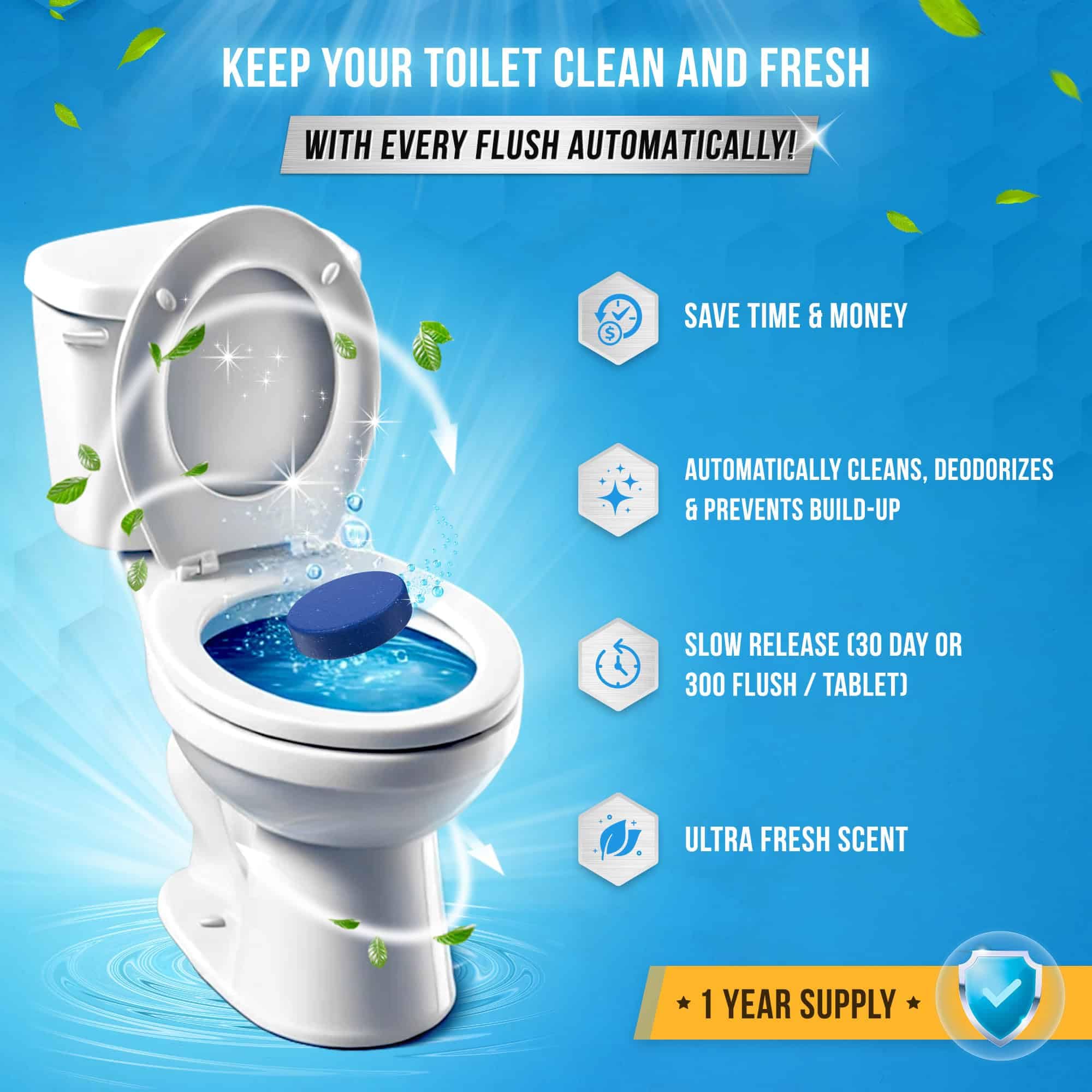 ACTIVE Automatic Toilet Bowl Cleaner Tablets Blue Gel Toilet Tank Cleaners, Septic-Safe Hard Water Ring Stain Remover, Smell Eliminator Heavy Duty Toilet Cleaning & Deodorizer, Fresh Scent - 12 Tabs - Image 6