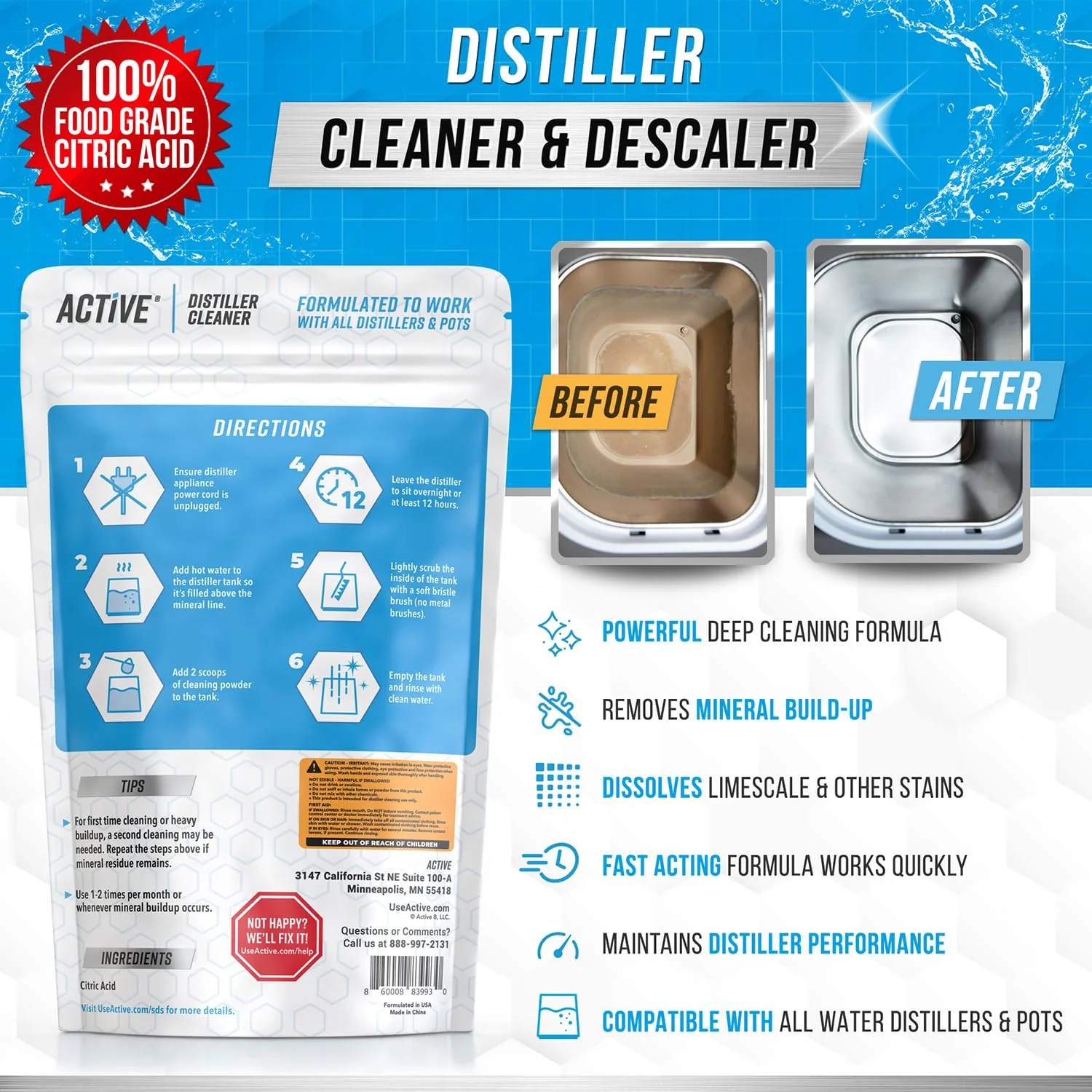 ACTIVE Distiller Descaler Citric Acid Cleaner - 2 Lb Bulk for Cleaning Water Distillers, Pure Citrus Acid Crystals Universal Residue Descaling Portable Distiller, Kettle, Boiler, Dispenser - Image 6