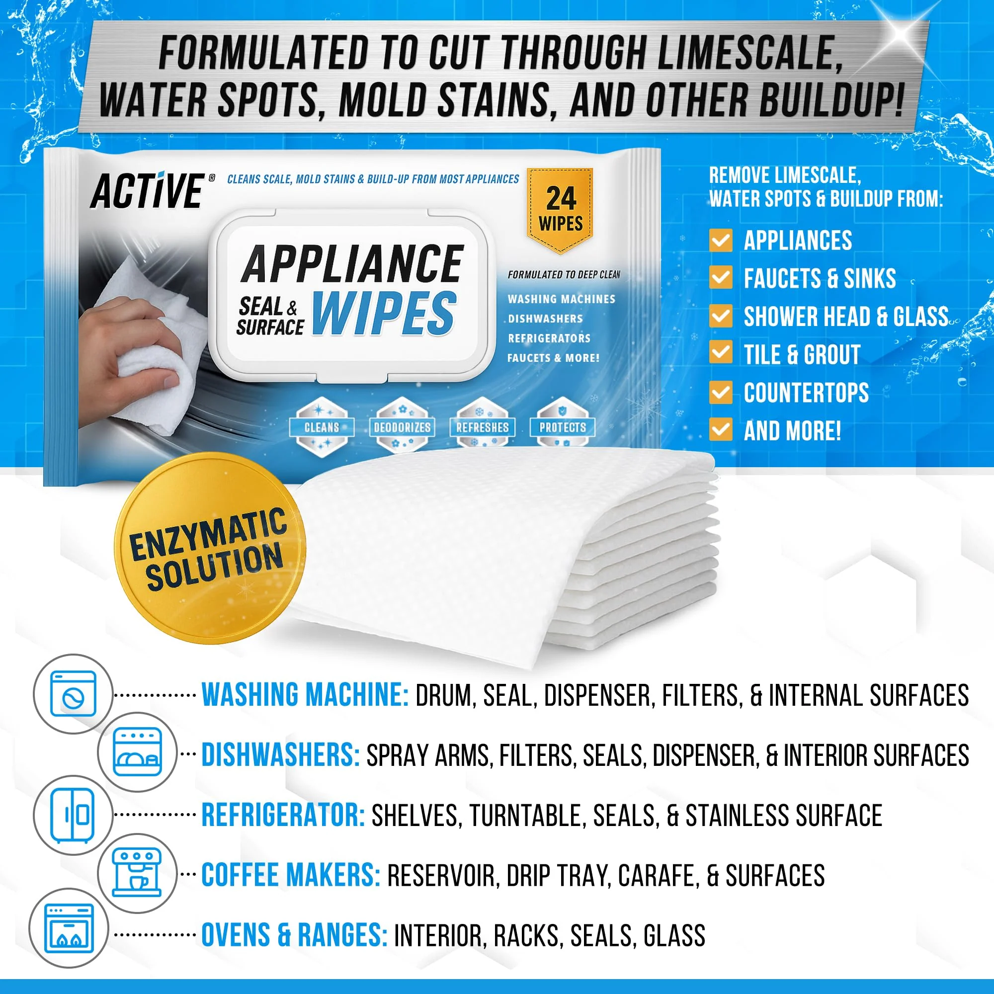ACTIVE Home Appliance Surface Cleaner Wipes Heavy Duty Wipe for Cleaning Washing Machine, Dryer Stainless Steel Refrigerator, Glass Cooktop, Microwave, Dishwasher, Counter, Tile - 24 Large Wipes - Image 5