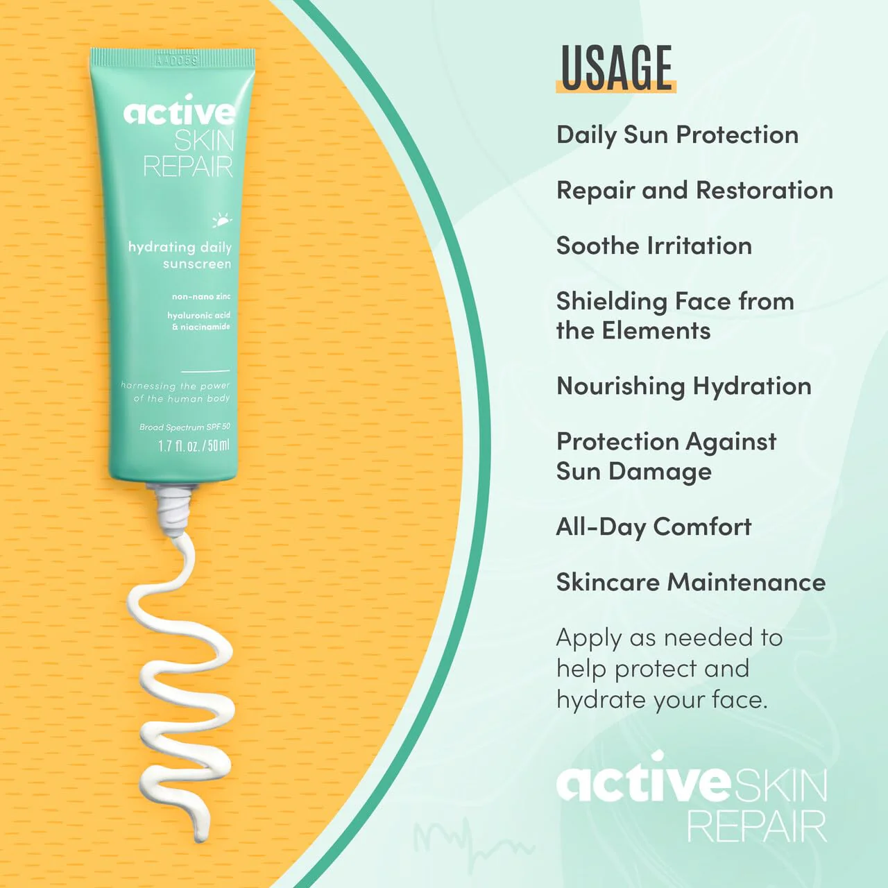 Active Skin Repair SPF 50 EWG-Certified Hydrating Daily Sunscreen and Face Moisturizer, Non-Nano Zinc, Non-Toxic Broad Spectrum Protection Hydrating Mineral Facial Sunscreen, 1.7 fl. oz. - Image 2