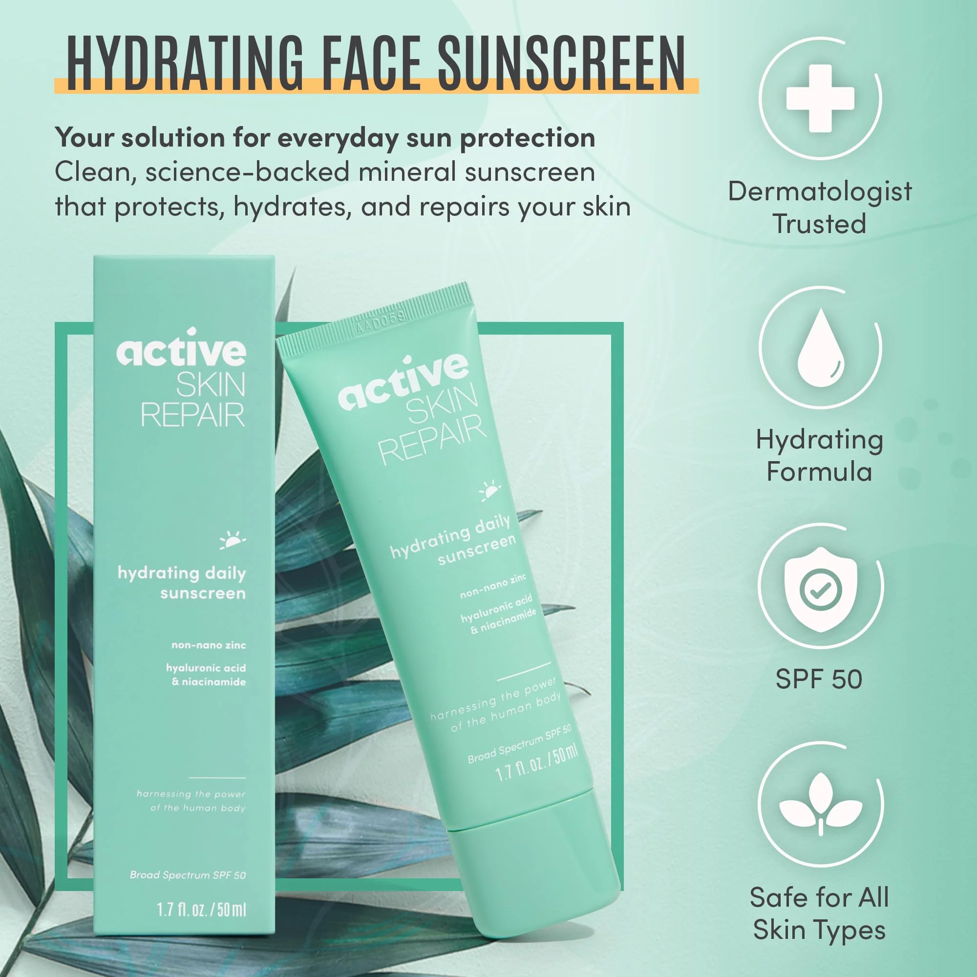 Active Skin Repair SPF 50 EWG-Certified Hydrating Daily Sunscreen and Face Moisturizer, Non-Nano Zinc, Non-Toxic Broad Spectrum Protection Hydrating Mineral Facial Sunscreen, 1.7 fl. oz. - Image 7
