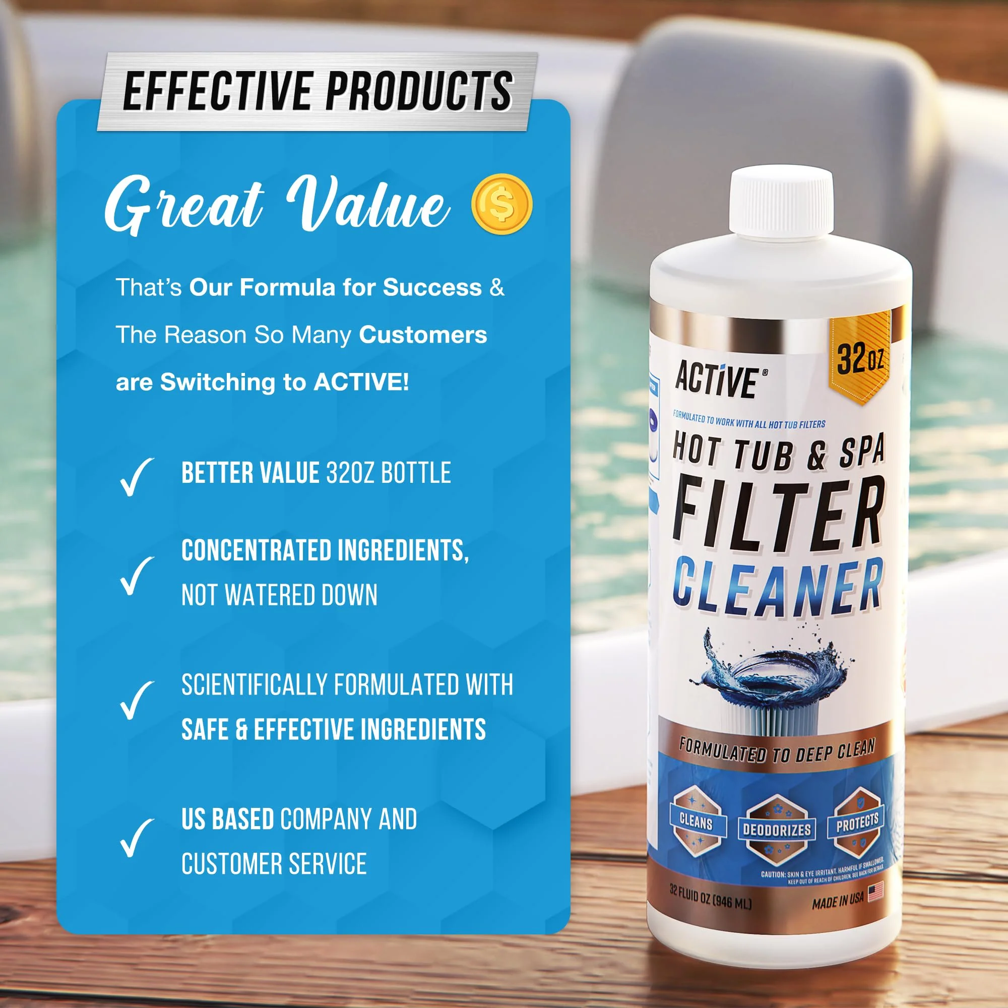 ACTIVE Spa Hot Tub Filter Cleaner - 32oz (2-4 Uses) Cleaning Soaking Solution, Hot Tubs & Pool Cartridge Cleaner, Natural Power Degreaser to Revive & Prolong O-Filters Life Time - Made in USA - Image 2