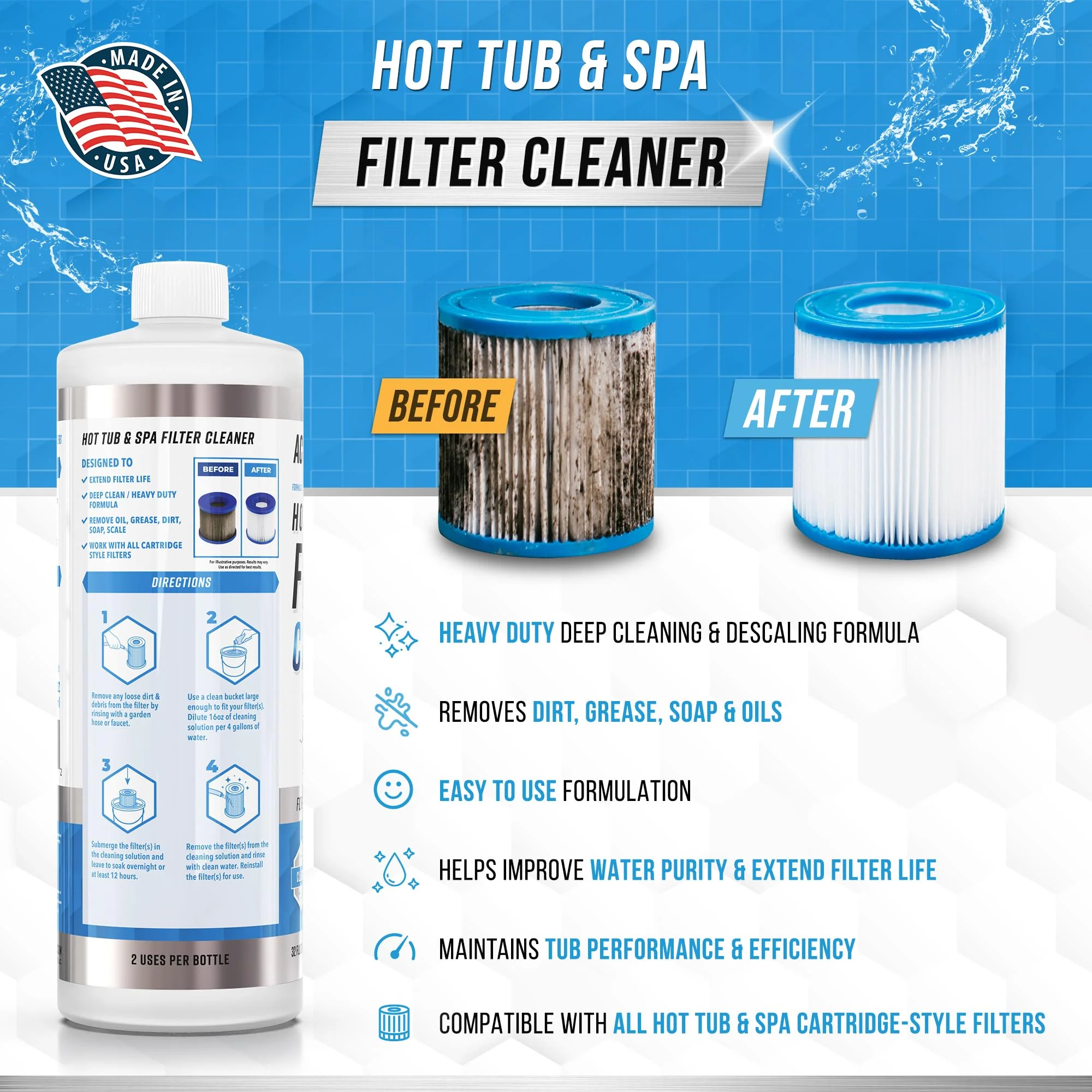 ACTIVE Spa Hot Tub Filter Cleaner - 32oz (2-4 Uses) Cleaning Soaking Solution, Hot Tubs & Pool Cartridge Cleaner, Natural Power Degreaser to Revive & Prolong O-Filters Life Time - Made in USA - Image 6